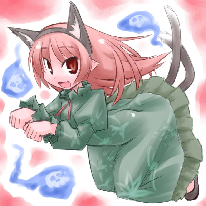 kugelschreiber, kaenbyou rin, touhou, 1girl, :3, :d, alternate hairstyle, animal ears, cat ears, cat tail, dress, fake animal ears, fang, female focus, floating skull, ghost, hair down, long hair, multiple tails, open mouth, paw pose, pointy ears, red eyes, red hair, smile, solo, tail, tsurime