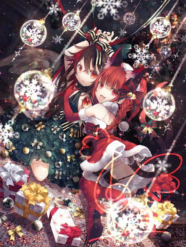toutenkou, kaenbyou rin, reiuji utsuho, touhou, commentary request, 2girls, alternate costume, animal ears, bird wings, boots, bound, bound wrists, bow, braid, breasts, brown hair, cat ears, cat tail, christmas, cleavage, dress, elbow gloves, extra ears, feathered wings, fur-trimmed boots, fur-trimmed dress, fur-trimmed gloves, fur-trimmed headwear, fur trim, garter straps, gloves, green bow, green dress, hair bow, hat, long hair, looking at viewer, multiple girls, multiple tails, nekomata, open mouth, red boots, red dress, red eyes, red gloves, red hair, red hat, santa costume, santa dress, santa hat, smile, sparkle, tail, thigh boots, third eye, twin braids, two tails, watermark, wings