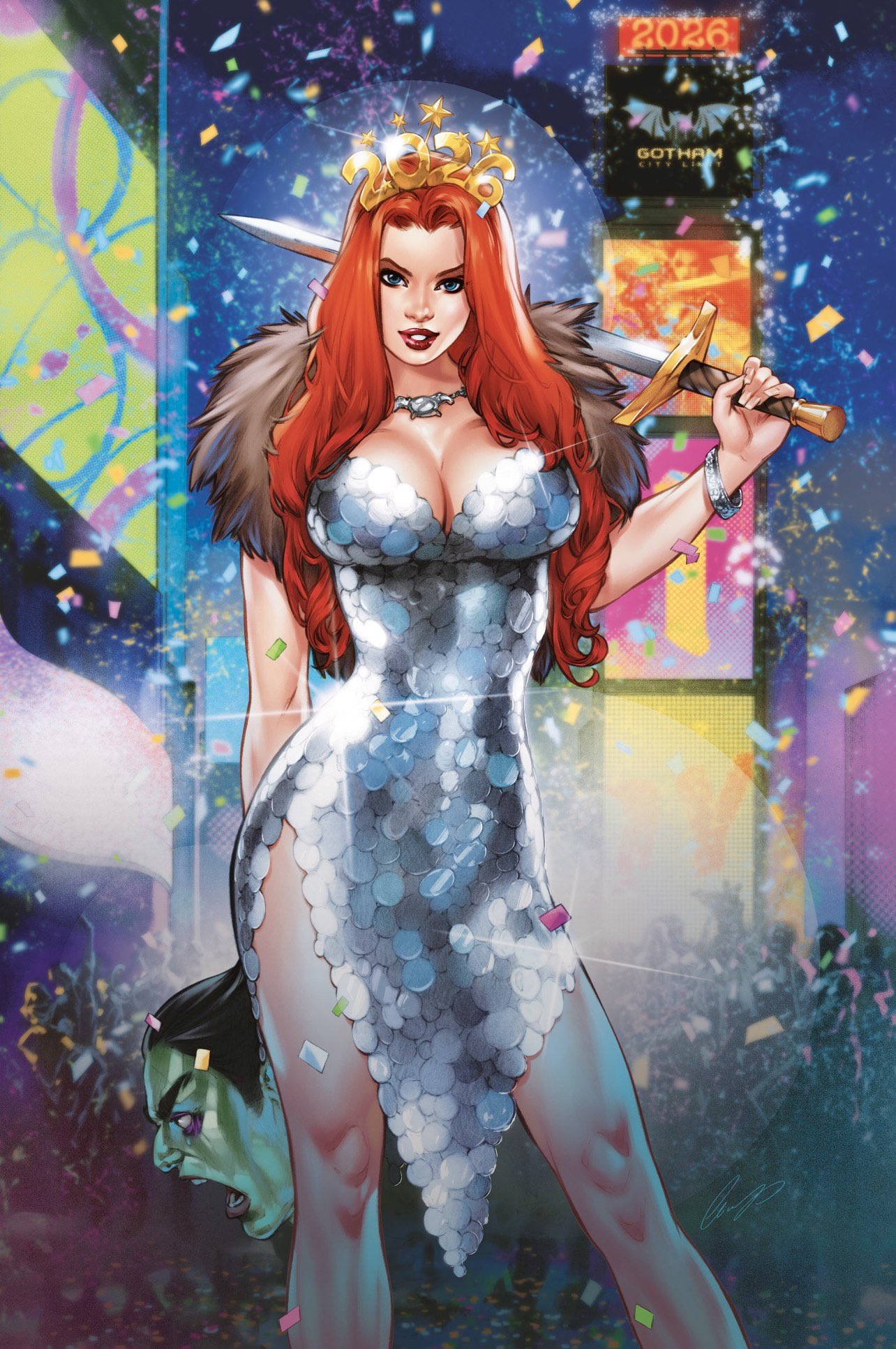 elias chatzoudis, red sonja, red sonja (comics), highres, 1girl, 2026, alternate costume, blue eyes, breasts, cleavage, confetti, dress, holding, holding sword, holding weapon, large breasts, long hair, looking at viewer, orange hair, solo, sword, weapon