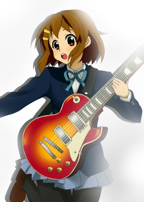 miracle (miracle1980), hirasawa yui, k-on!, 00s, brown eyes, brown hair, electric guitar, gibson les paul, guitar, instrument, pantyhose, school uniform, short hair, solo