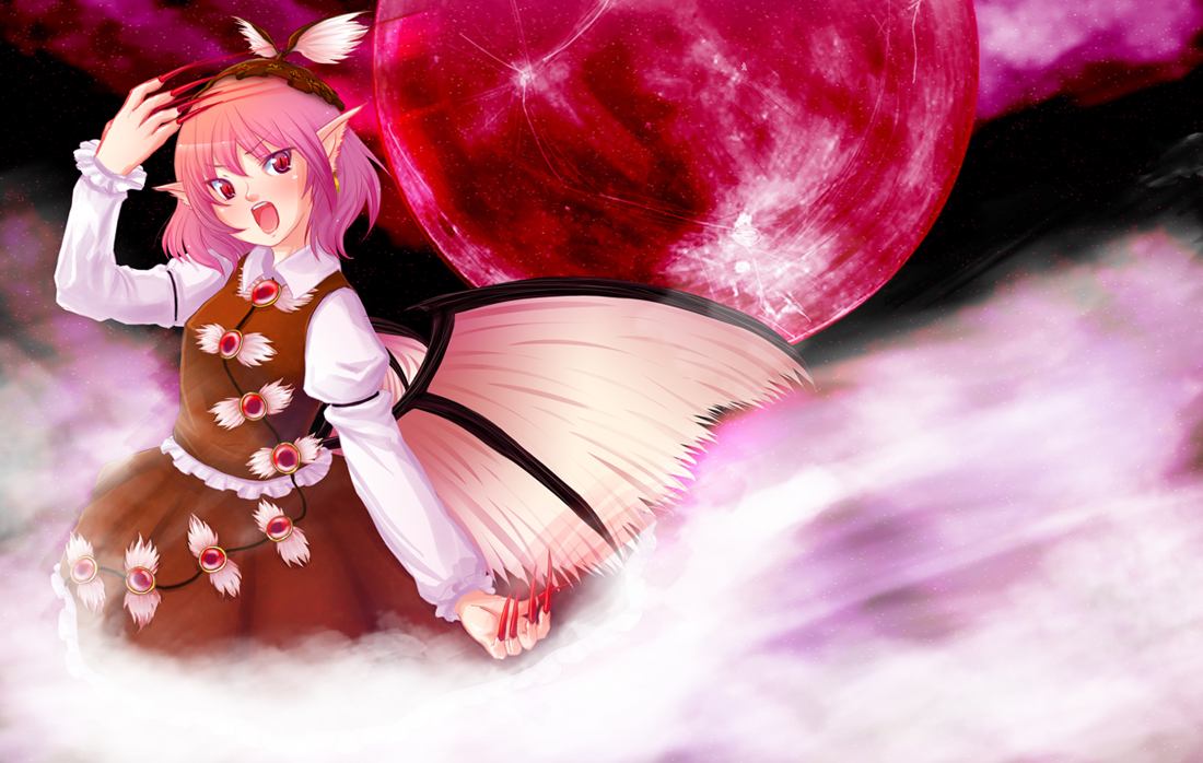 dorogumi, mystia lorelei, touhou, 1girl, claws, female focus, fog, hat, moon, open mouth, pink hair, pointy ears, red eyes, short hair, solo, wings