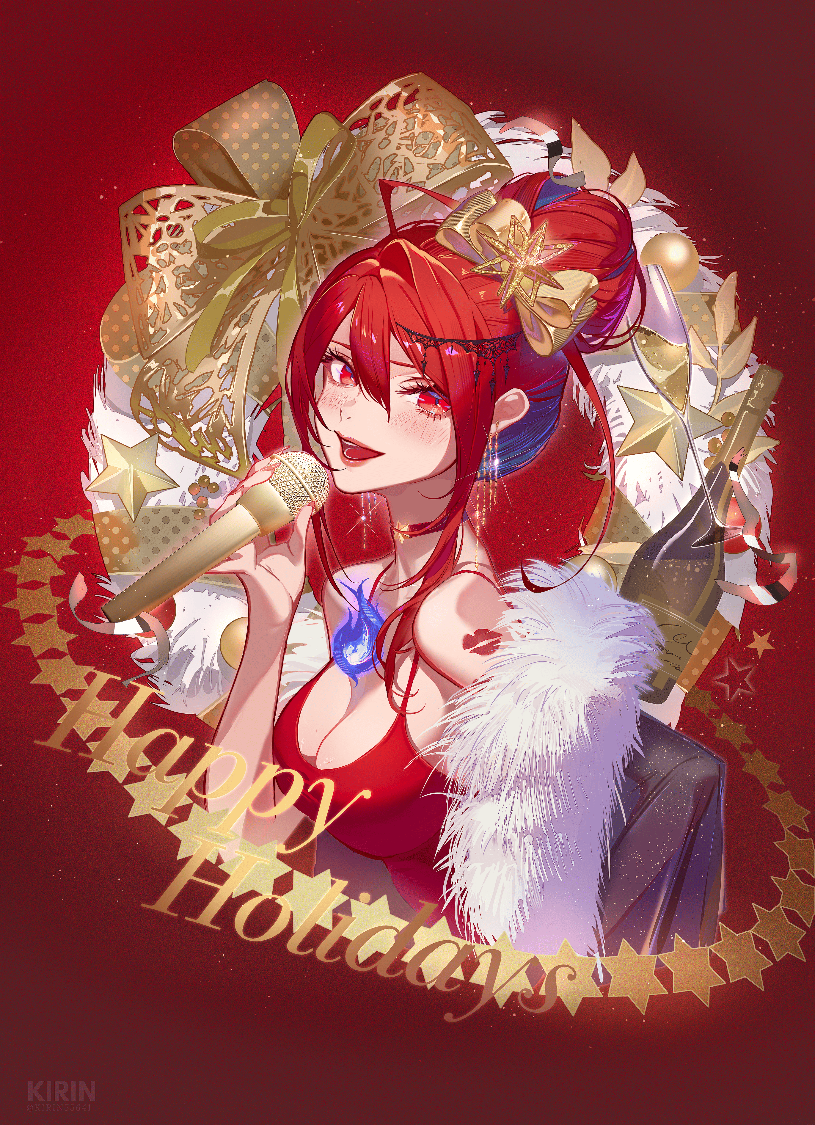 kirin55641, elizabeth rose bloodflame, hololive, hololive english, absurdres, commentary, english commentary, highres, 1girl, ahoge, artist name, blue fire, breasts, champagne bottle, choker, dress, fire, fire on chest, fur (clothing), happy holidays, holding, holding microphone, lipstick mark, lipstick mark on arm, looking at viewer, microphone, red dress, red eyes, red hair, sleeveless, sleeveless dress, solo, virtual youtuber
