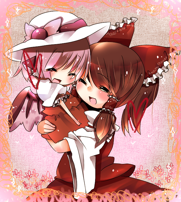 piyyoota, hakurei reimu, mystia lorelei, touhou, bad id, bad pixiv id, 2girls, aged down, brown hair, closed eyes, female focus, hat, multiple girls, pink hair, ribbon, wings