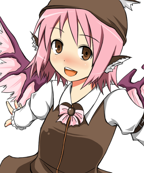 zetsumame, mystia lorelei, touhou, bad id, bad pixiv id, 1girl, blush, female focus, happy, hat, outstretched arms, pink hair, simple background, smile, solo, spread arms, white background, wings