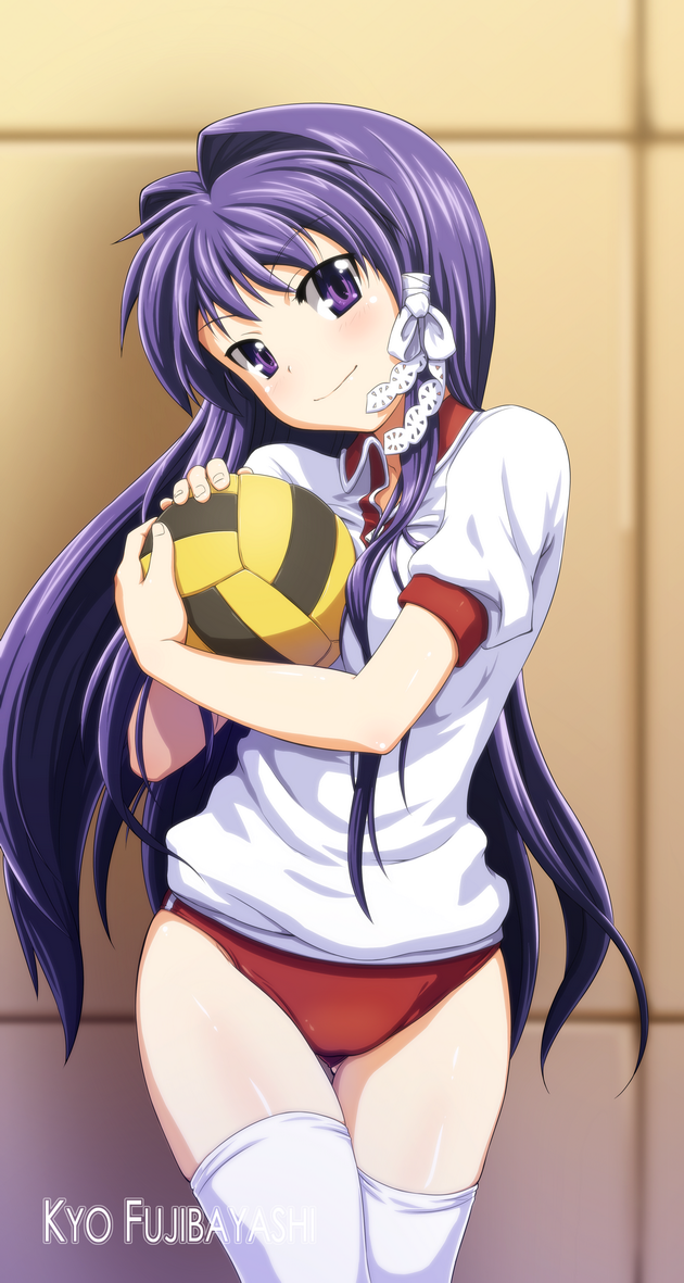 ardnades, fujibayashi kyou, clannad, 00s, 1girl, ball, buruma, female focus, gym uniform, head tilt, long hair, looking at viewer, purple eyes, purple hair, smile, solo, thighhighs, thighs, volleyball, volleyball (object), white thighhighs