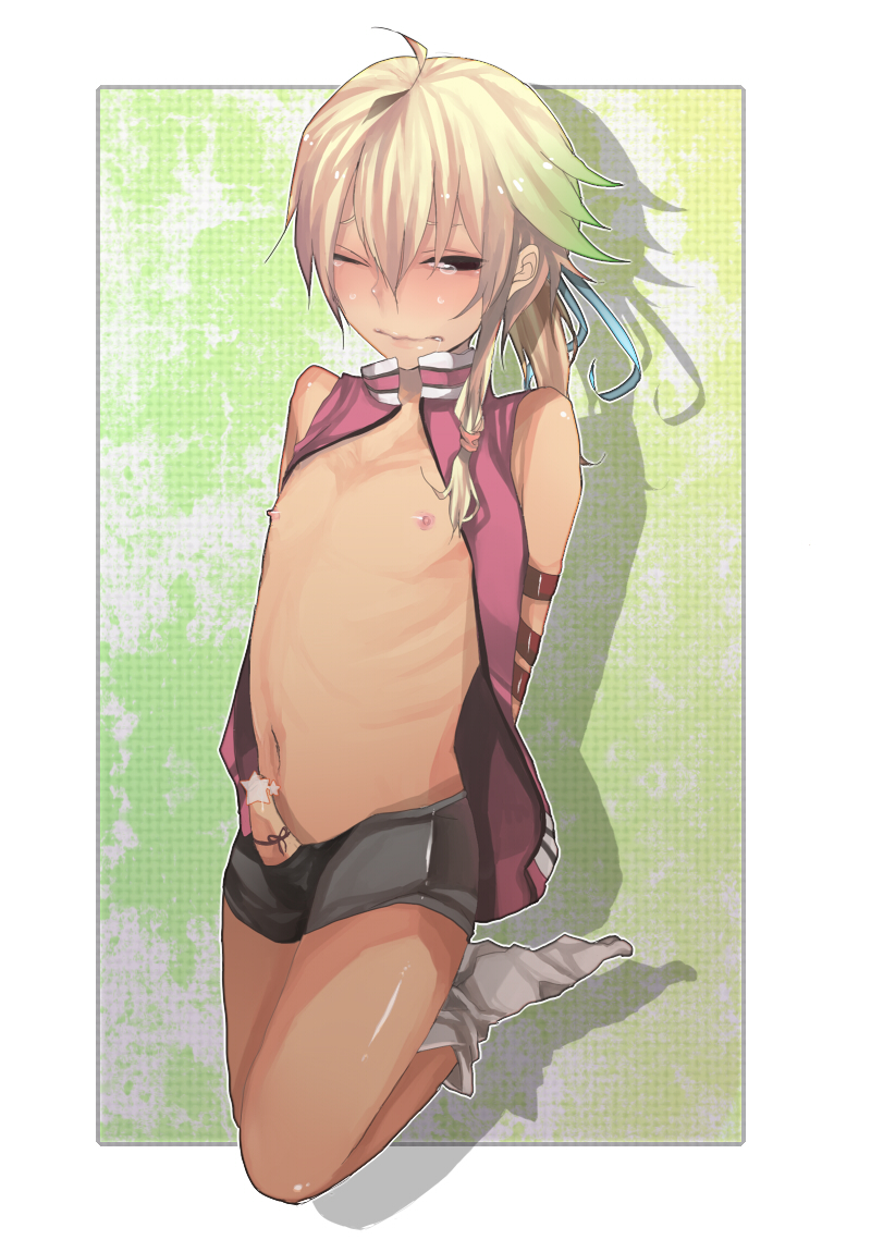 1boy, androgynous, bdsm, blonde hair, blush, bondage, bound, crossdressing, crossdressing (mtf), embarrassed, male focus, one eye closed, open clothes, open shirt, penis, ribbon, saliva, shirt, shorts, shota, solo, tears, wince, wink