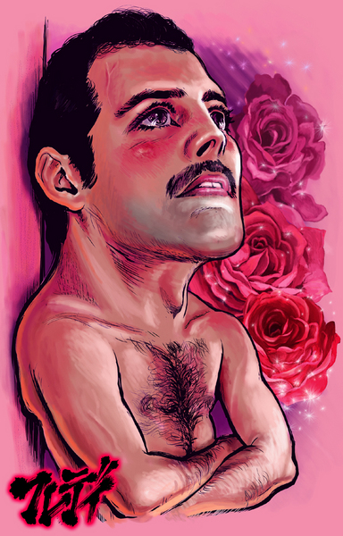farrokh bulsara, freddie mercury, queen (band), 1boy, bad anatomy, chest hair, chibi, facial hair, flower, male focus, mustache, plant, solo, upper body