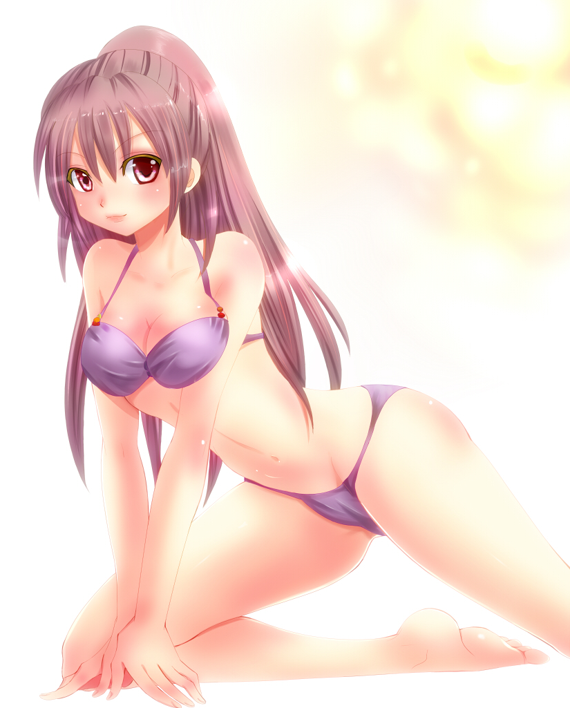 nagare, original, 1girl, bikini, breasts, brown hair, cleavage, female focus, kneeling, long hair, medium breasts, ponytail, red eyes, solo, swimsuit