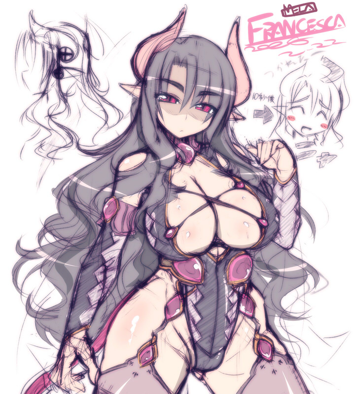 mel/a, akatsuki francesca, original, 1girl, armor, black hair, breasts, brown hair, curvy, dark persona, demon girl, elbow gloves, female focus, gloves, horns, large breasts, long hair, mature female, no bra, oekaki, pointy ears, red eyes, sketch, solo, very long hair