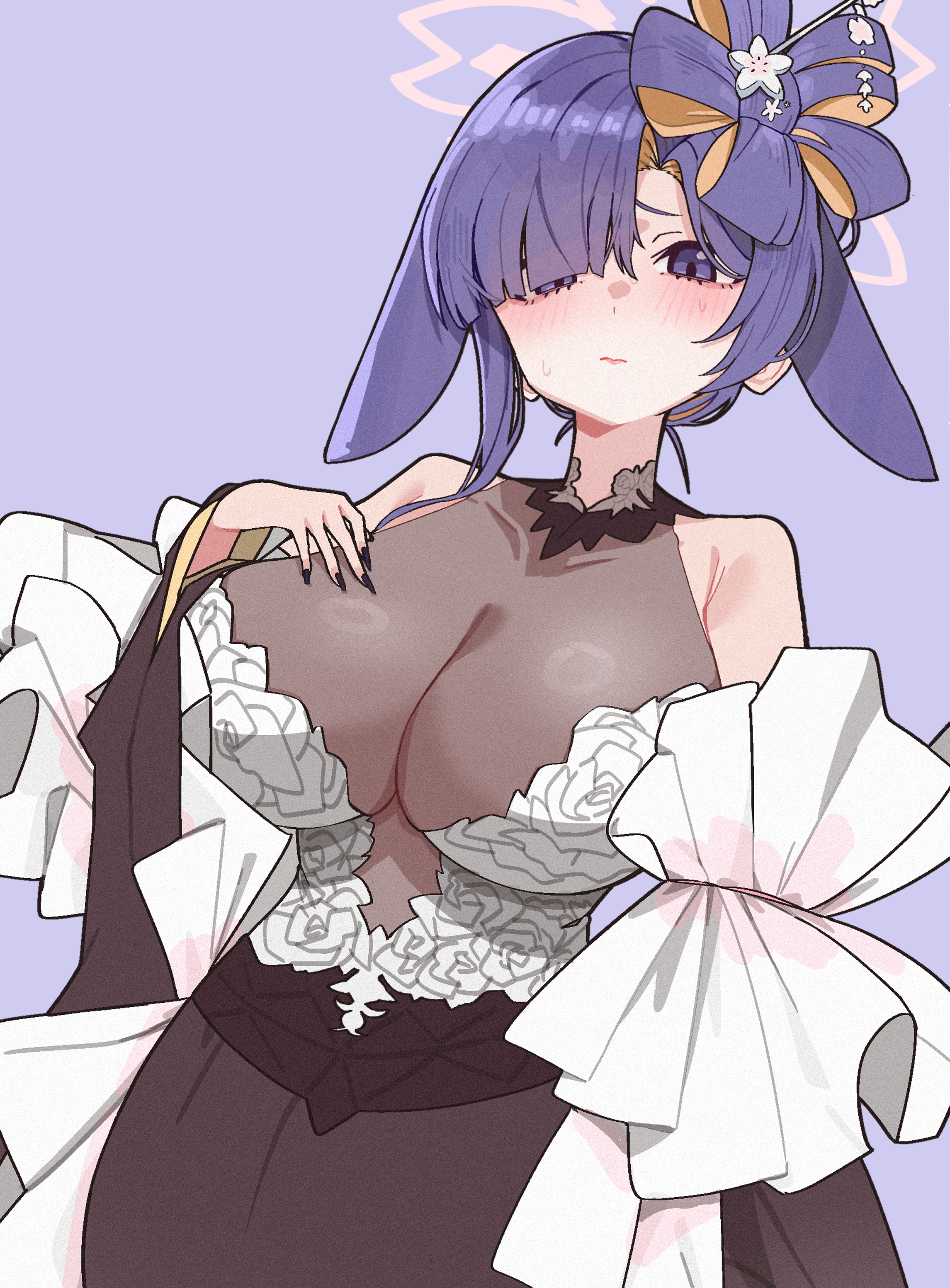 i3eancurd, tsukuyo (blue archive), tsukuyo (dress) (blue archive), blue archive, absurdres, highres, 1girl, animal ears, bare shoulders, black skirt, bodystocking, breasts, closed mouth, detached sleeves, extra ears, hair bun, hair over one eye, halo, large breasts, official alternate costume, official alternate hairstyle, purple eyes, purple hair, rabbit ears, rabbit girl, shirt, skirt, solo, strapless, strapless shirt, sweatdrop, white shirt, yellow halo