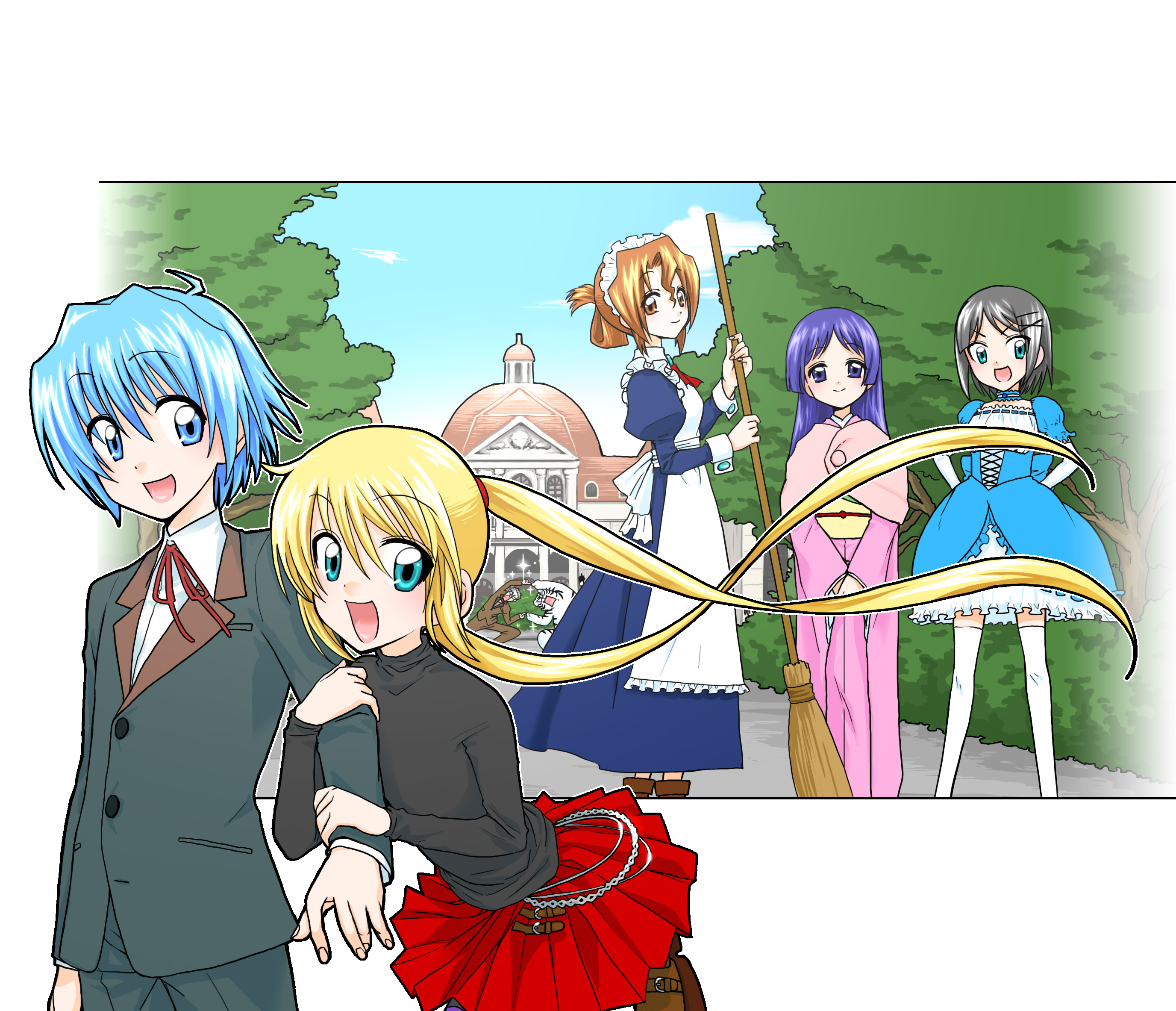 nino (bf 110), ninomae fumi (zambaharno), aizawa sakuya, ayasaki hayate, maria (hayate no gotoku!), saginomiya isumi, sanzen'in nagi, hayate no gotoku!, bad id, bad pixiv id, highres, 00s, 1boy, 4girls, arm hug, folded ponytail, japanese clothes, kimono, maid, mansion, multiple girls
