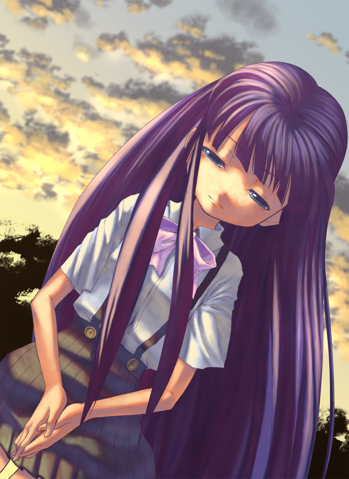 rin2008, furude rika, higurashi no naku koro ni, highres, 00s, 1girl, blue eyes, bow, cloud, dutch angle, evening, female focus, leaning, long hair, own hands together, pink bow, purple hair, sad, skirt, sky, solo, sunlight, sunset, suspender skirt, suspenders, very long hair