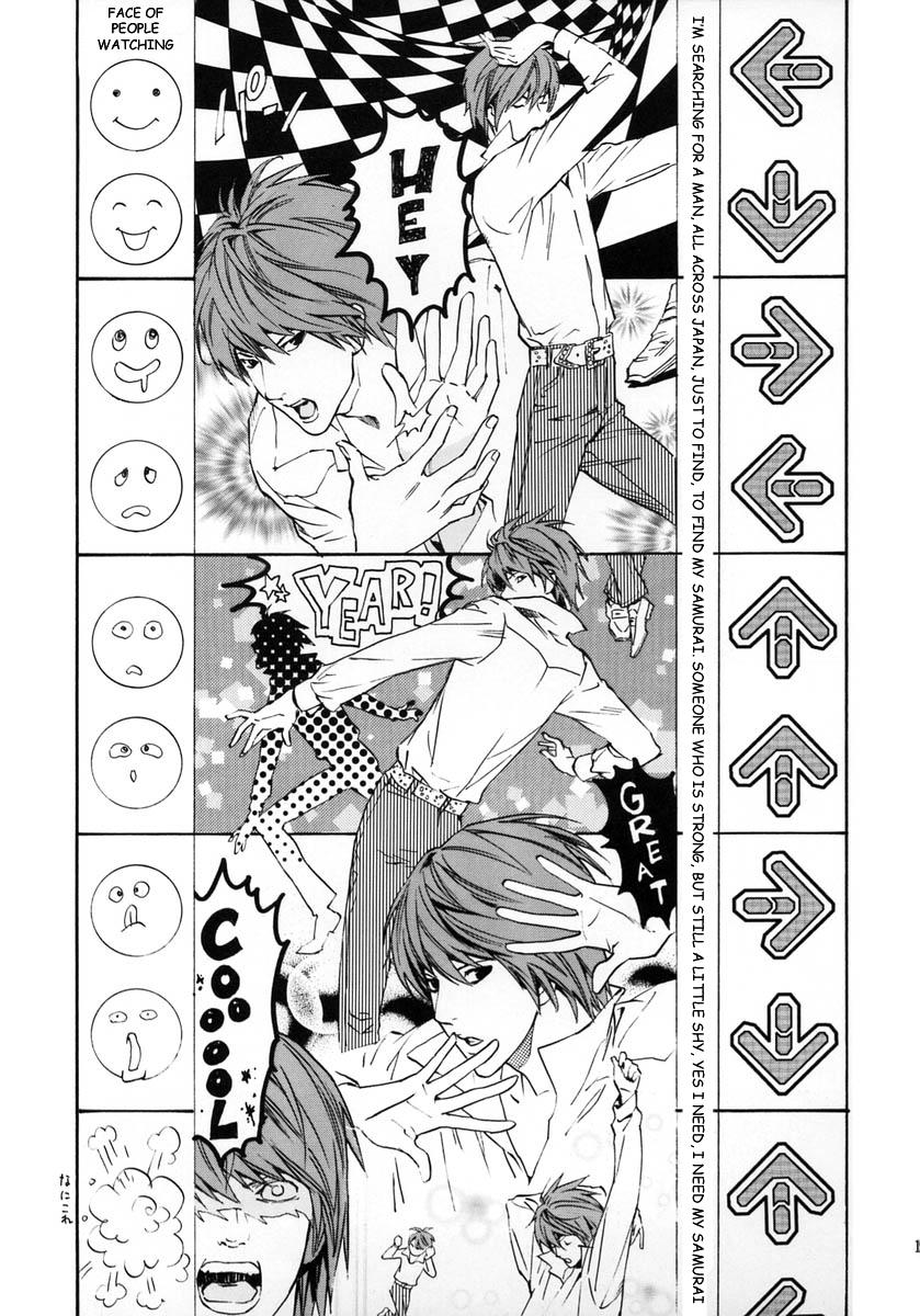 yagami light, bemani, dance dance revolution, death note, highres, translated, 00s, dancing, greyscale, monochrome