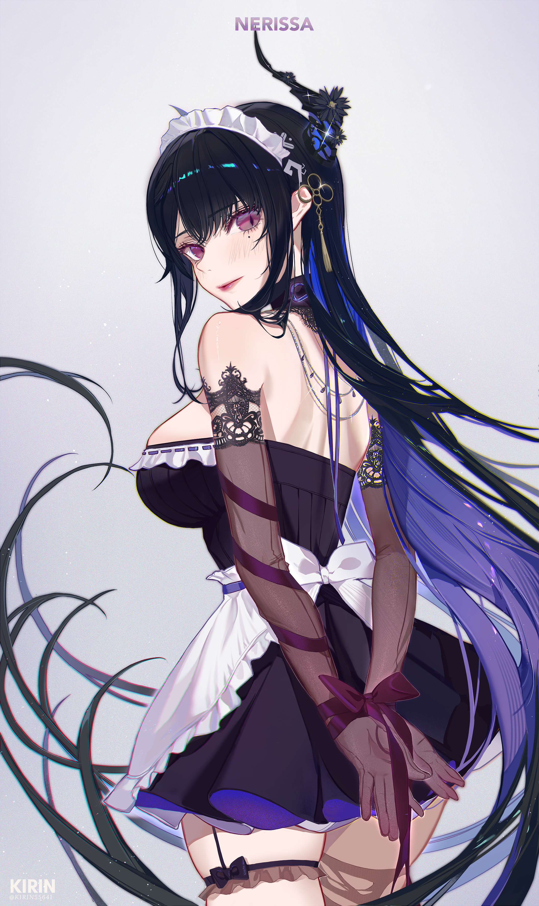 kirin55641, nerissa ravencroft, hololive, hololive english, absurdres, commentary, highres, 1girl, alternate costume, apron, artist name, asymmetrical legwear, back bow, bare shoulders, black choker, black dress, black flower, black gloves, black hair, blue hair, blunt bangs, bound, bound wrists, bow, breasts, character name, choker, colored inner hair, cowboy shot, demon horns, dress, elbow gloves, enmaided, floating hair, flower, frilled thigh strap, frills, from behind, gloves, hair flower, hair ornament, hair over shoulder, hair spread out, horns, jewelry, lace, lace-trimmed gloves, lace trim, large breasts, light blush, lips, lipstick, long hair, looking at viewer, looking back, maid, maid apron, maid headdress, makeup, mismatched legwear, mole, mole under eye, multicolored hair, necklace, off-shoulder dress, off shoulder, pantyhose, ribbon-trimmed dress, ribbon trim, sheer gloves, short dress, shoulder blades, single leg pantyhose, single thighhigh, skindentation, slit pupils, solo, standing, tassel, tassel hair ornament, thigh strap, thighhighs, torn clothes, torn thighhighs, very long hair, virtual youtuber, waist apron