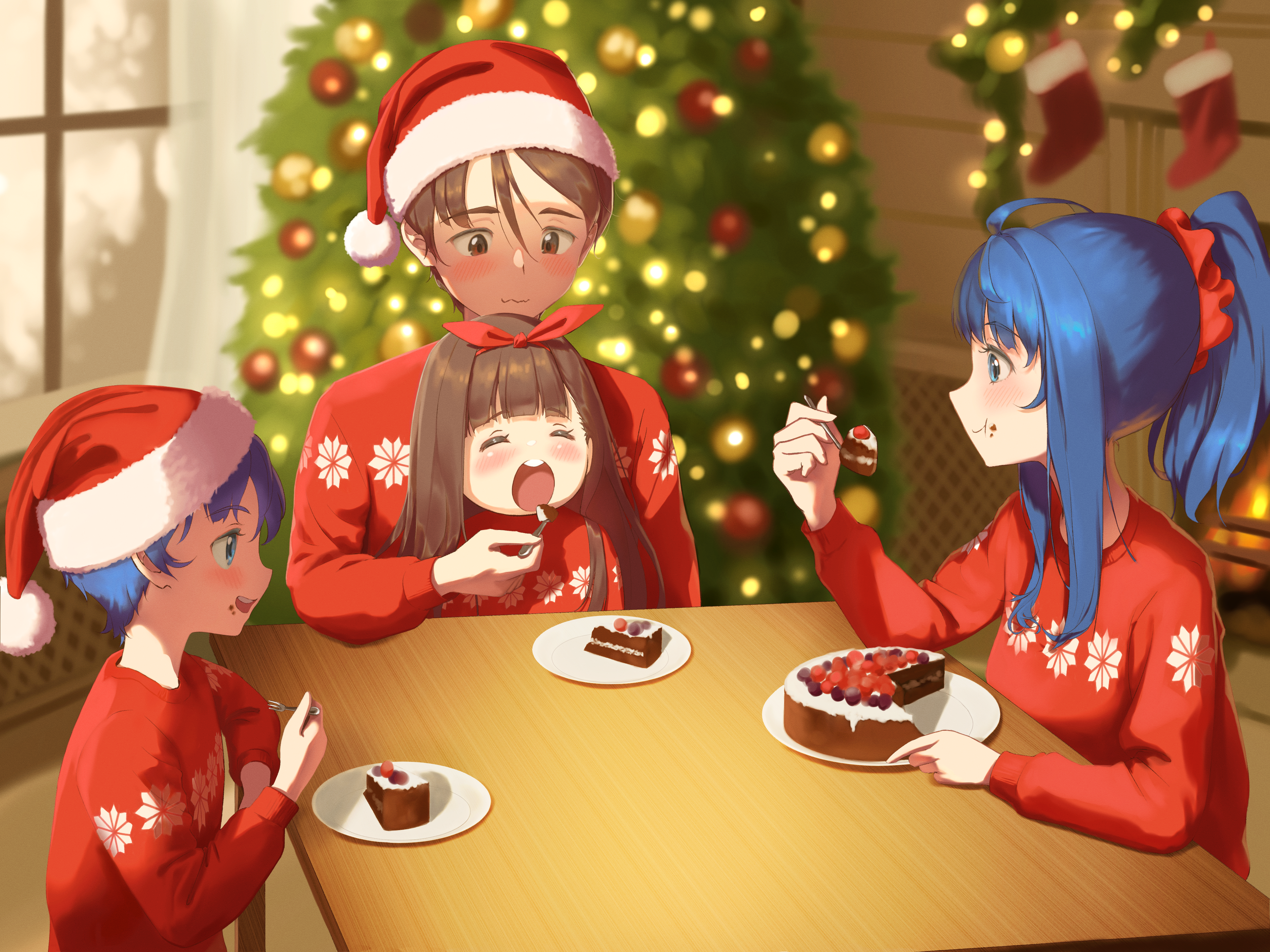 hyakusyo69, nukumizu kazuhiko, yanami anna, make heroine ga oo sugiru!, absurdres, highres, 2boys, 2girls, aged up, blue eyes, blue hair, brown eyes, brown hair, cake, cake slice, christmas, christmas sweater, christmas tree, eating, family, food, fork, fur-trimmed headwear, fur trim, hat, holding, holding fork, if they mated, indoors, long hair, multiple boys, multiple girls, ponytail, red hat, red sweater, santa hat, short hair, smile, sweater