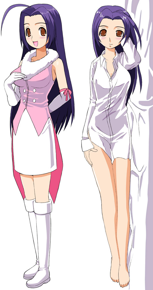 abe osami, miura azusa, idolmaster, idolmaster (classic), fur, hand on thigh, 00s, 1girl, ahoge, armpits, barefoot, blush, boots, bottomless, brown eyes, cute & girly (idolmaster), dakimakura (medium), dress shirt, elbow gloves, feet, gloves, hand on own thigh, long hair, multiple views, nightshirt, open mouth, purple hair, shirt, smile