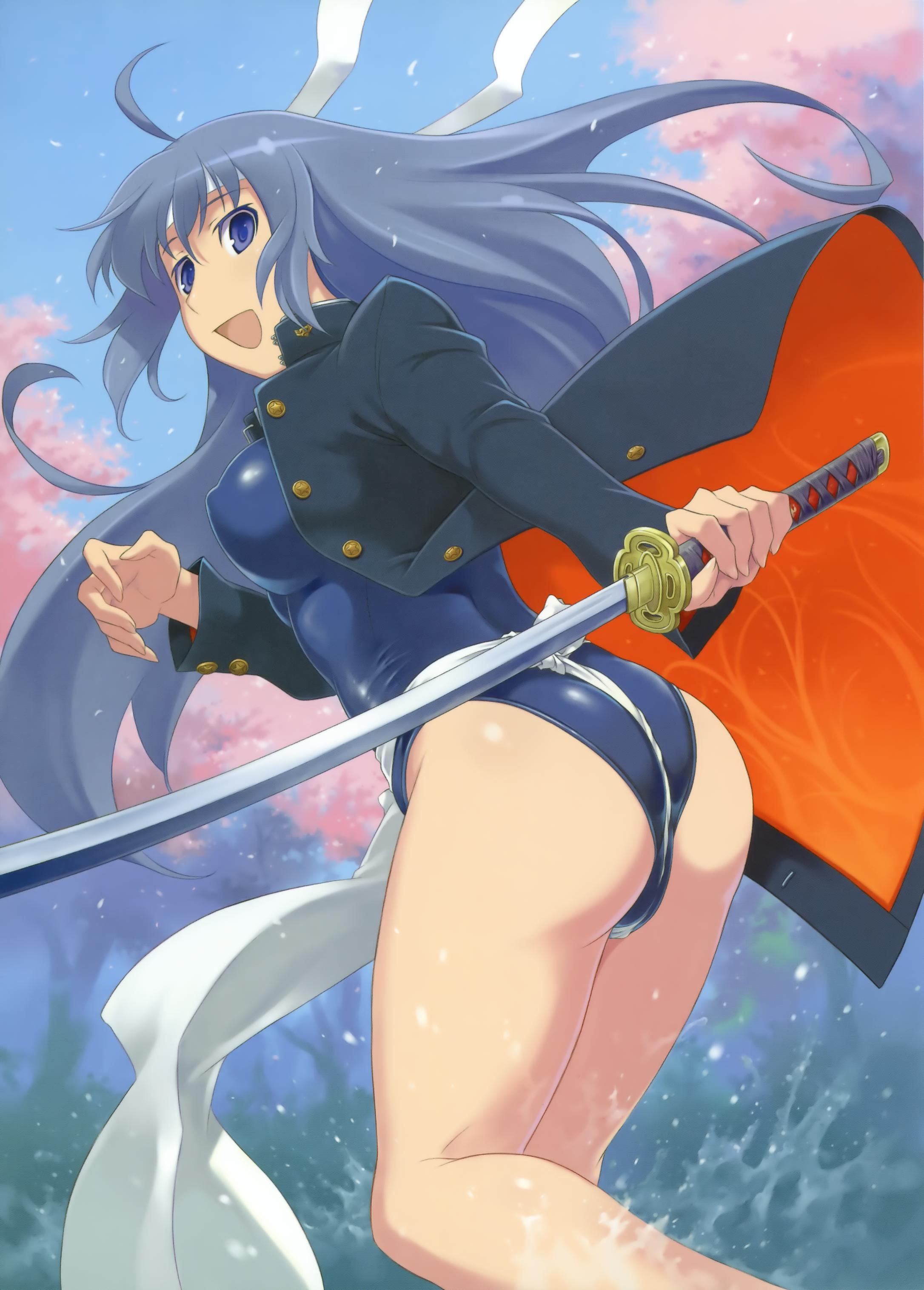 maruto!, absurdres, highres, 1girl, ass, breasts, female focus, fundoshi, headband, japanese clothes, katana, nature, no pants, one-piece swimsuit, open clothes, outdoors, school swimsuit, school uniform, sky, smile, solo, swimsuit, swimsuit under clothes, sword, water, weapon, wedgie