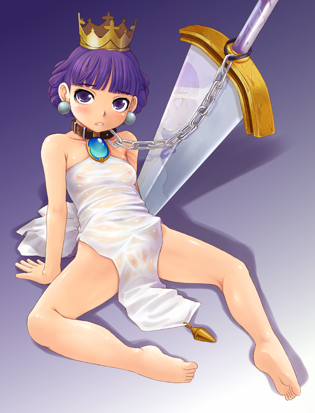 stupa13a, gradriel, gradriel de valendia, atlus, princess crown, 1girl, arm support, barefoot, breasts, collar, crown, earrings, feet, female focus, flat chest, gold crown, jewelry, nipples, no bra, no panties, purple background, purple eyes, purple hair, reflection, see-through clothes, soles, solo, spread legs, sword, toes, weapon, white background