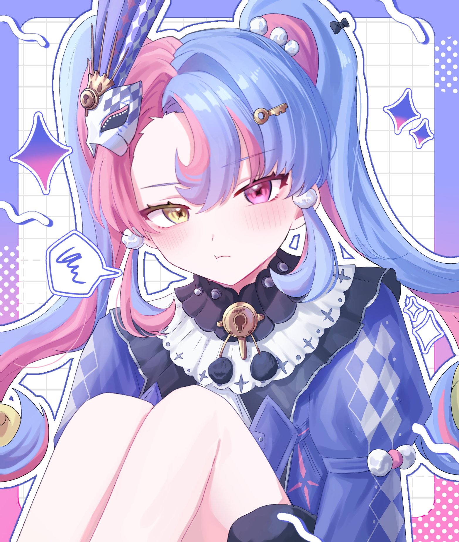 roccia (wuthering waves), wuthering waves, commentary, highres, 1girl, :i, black collar, blush, closed mouth, collar, heterochromia, jacket, key hair ornament, knees up, long hair, long sleeves, looking at viewer, mask, mask on head, masquerade mask, pink eyes, pink hair, pout, purple hair, purple jacket, sitting, solo, soyogi nrso, spoken squiggle, squiggle, twintails, yellow eyes