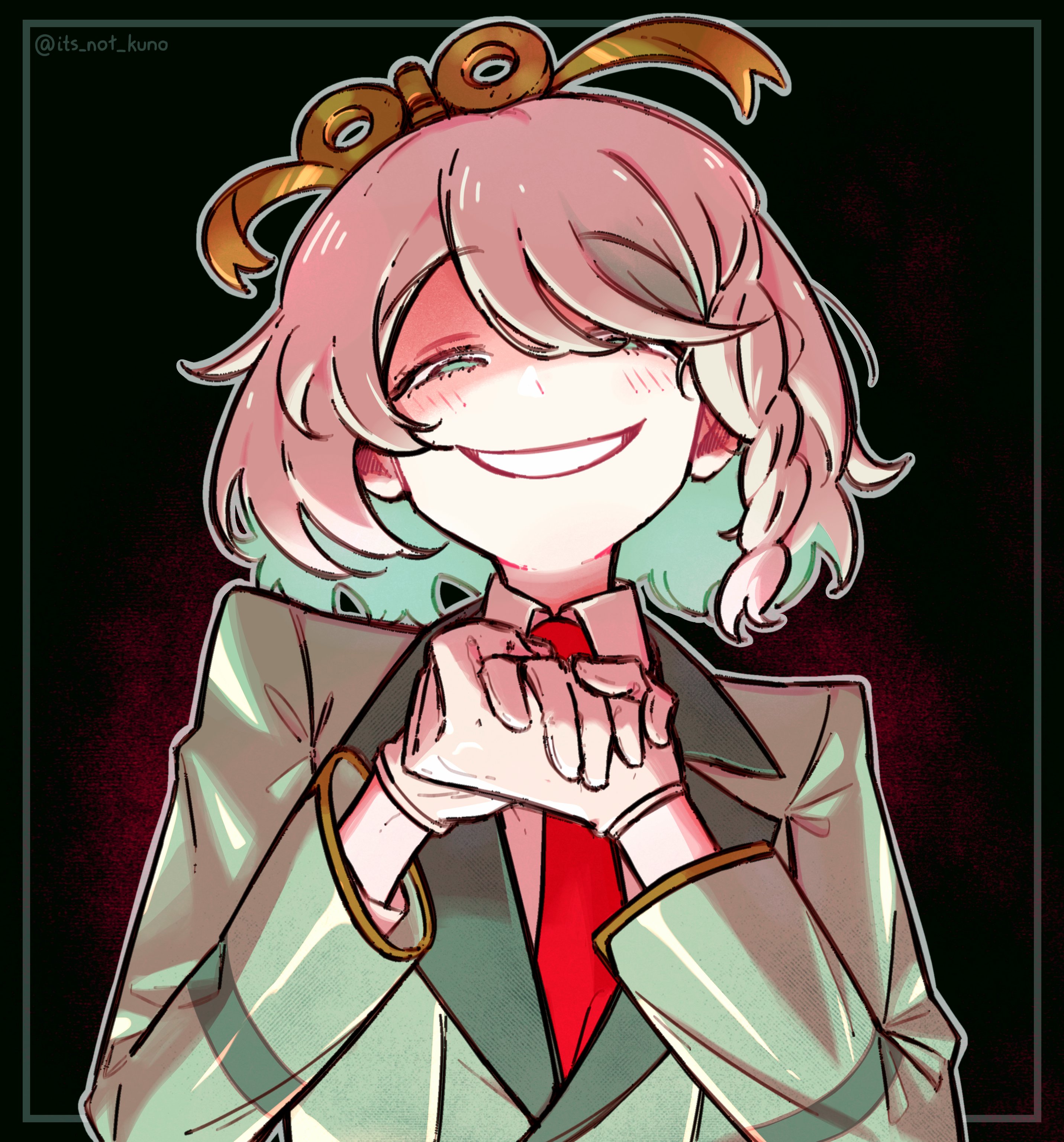 cecilia immergreen, hololive, hololive english, absurdres, highres, blazer, braid, collared shirt, colored inner hair, formal clothes, gloves, green eyes, green suit, grin, its not kuno, jacket, multicolored hair, necktie, own hands clasped, own hands together, red necktie, shirt, short hair, side braid, signature, single braid, smile, suit, upper body, virtual youtuber, white gloves, white shirt, winding key