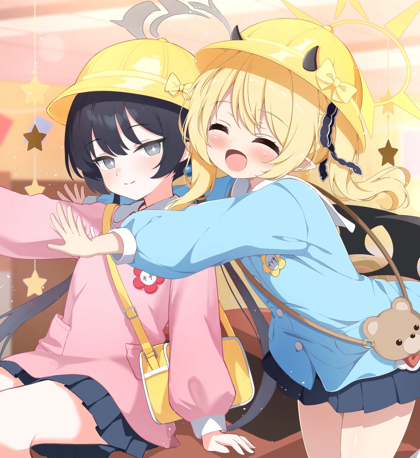 g4ku, ibuki (blue archive), kisaki (blue archive), kisaki (kindergarten uniform) (blue archive), blue archive, highres, + +, 2girls, animal bag, bag, bear bag, black hair, black skirt, closed eyes, demon horns, demon wings, grey hair, grey halo, hair ribbon, halo, hat, horns, kindergarten uniform, multiple girls, open mouth, pleated skirt, ribbon, school hat, shoulder bag, side ponytail, sitting, skirt, smile, star (symbol), thighhighs, twintails, wings