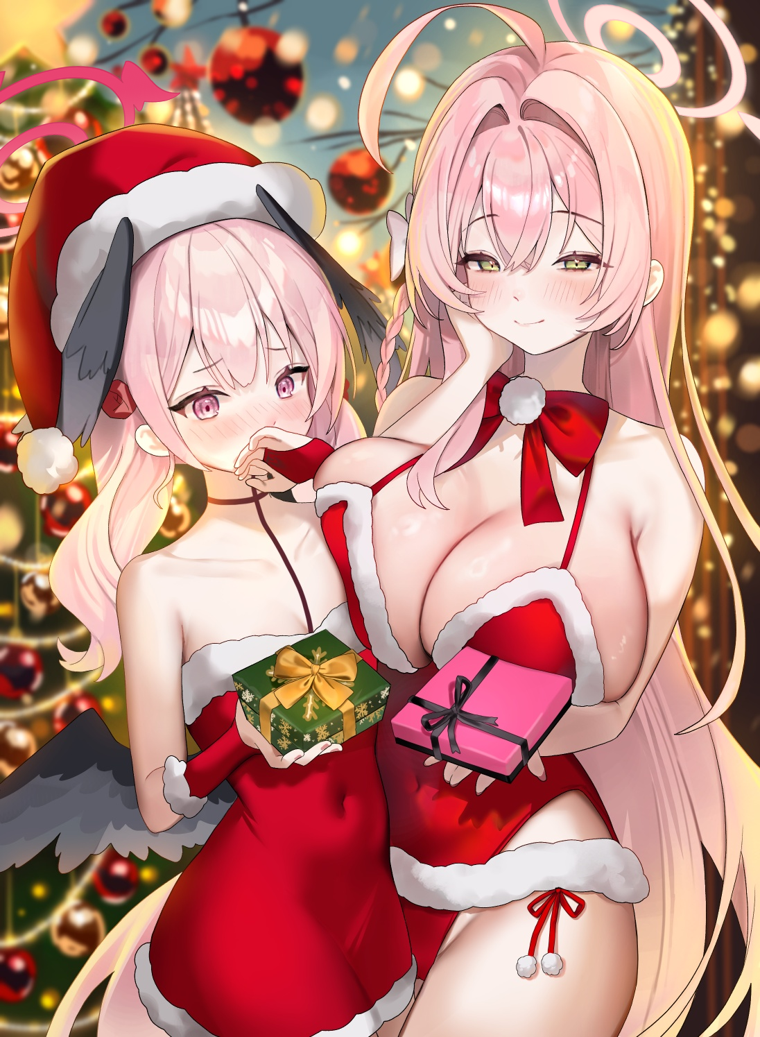 hyurumari, hanako (blue archive), koharu (blue archive), blue archive, highres, 2girls, ahoge, alternate costume, black wings, blush, box, braid, breasts, bridal gauntlets, closed mouth, covered navel, covering own mouth, dress, feathered wings, flat chest, flower, fur trim, gift, gift box, green eyes, hair between eyes, hair flower, hair ornament, halo, hat, head wings, highleg, highleg leotard, holding, holding box, huge breasts, leotard, long hair, looking at viewer, low wings, multiple girls, pink eyes, pink hair, pink halo, red bridal gauntlets, red dress, red flower, red hat, red leotard, santa costume, santa dress, santa hat, santa leotard, single braid, sleeveless, sleeveless dress, smile, strapless, strapless dress, twintails, wings