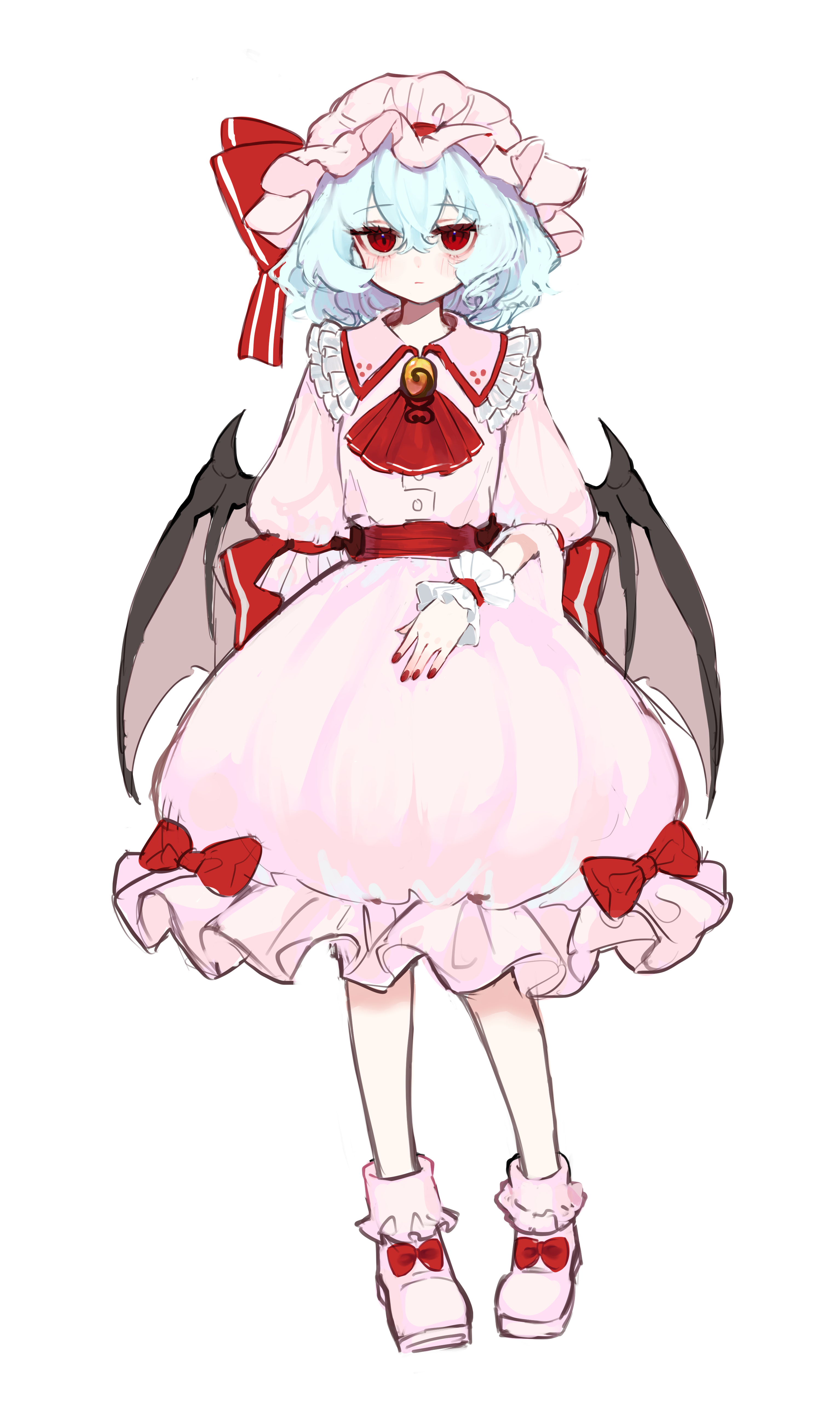 aorin oekaki, remilia scarlet, touhou, absurdres, commentary request, highres, 1girl, ascot, bat wings, blue hair, bow, brooch, collared shirt, frilled shirt collar, frills, full body, hair between eyes, hat, hat ribbon, jewelry, light blush, looking at viewer, mob cap, pink hat, pink shirt, pink skirt, puffy short sleeves, puffy sleeves, red ascot, red bow, red eyes, red nails, ribbon, shirt, shoes, short hair, short sleeves, simple background, skirt, skirt set, solo, white background, white shoes, wings, wrist cuffs