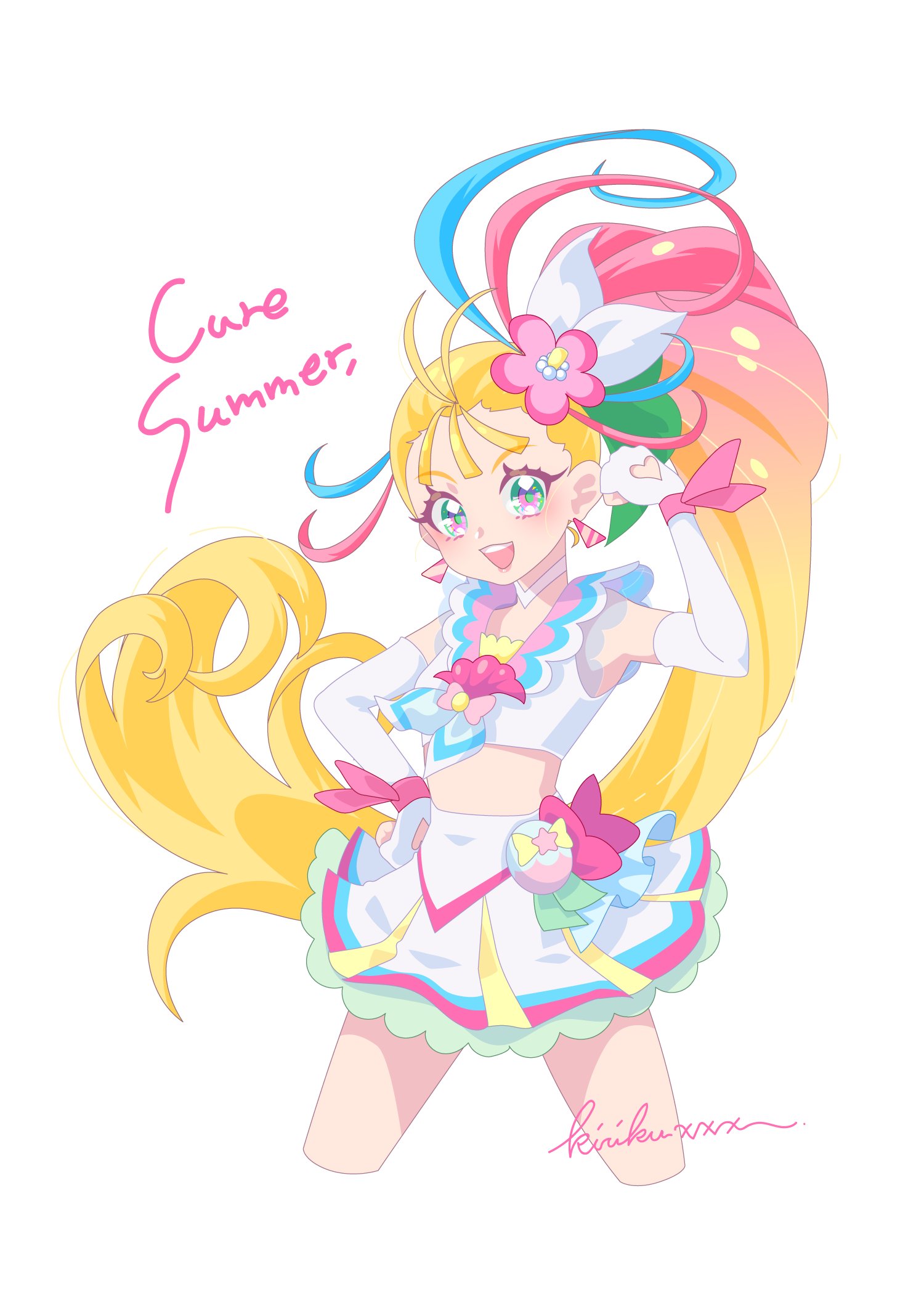 cure summer, natsuumi manatsu, precure, tropical-rouge! precure, commentary, highres, 1girl, :d, arm up, artist name, blonde hair, blue streaks, bow, brooch, character name, choker, clenched hands, crop top, cropped legs, earrings, elbow gloves, english text, fingerless gloves, flower, glove bow, gloves, gradient hair, green eyes, green ribbon, hair flower, hair ornament, hair ribbon, hand on own hip, hibiscus, high side ponytail, jewelry, kirikuxxx, legs apart, long hair, looking at viewer, magical girl, midriff, multicolored hair, neckerchief, open mouth, pact holder, pink bow, pink hair, pink lips, pink sailor collar, pink streaks, pleated skirt, ponytail, pouch, ribbon, sailor collar, shell brooch, side ponytail, signature, simple background, skirt, smile, solo, stomach, streaked hair, teeth, triangle earrings, tropical pact, upper teeth only, very long hair, white background, white choker, white gloves, white neckerchief, white skirt