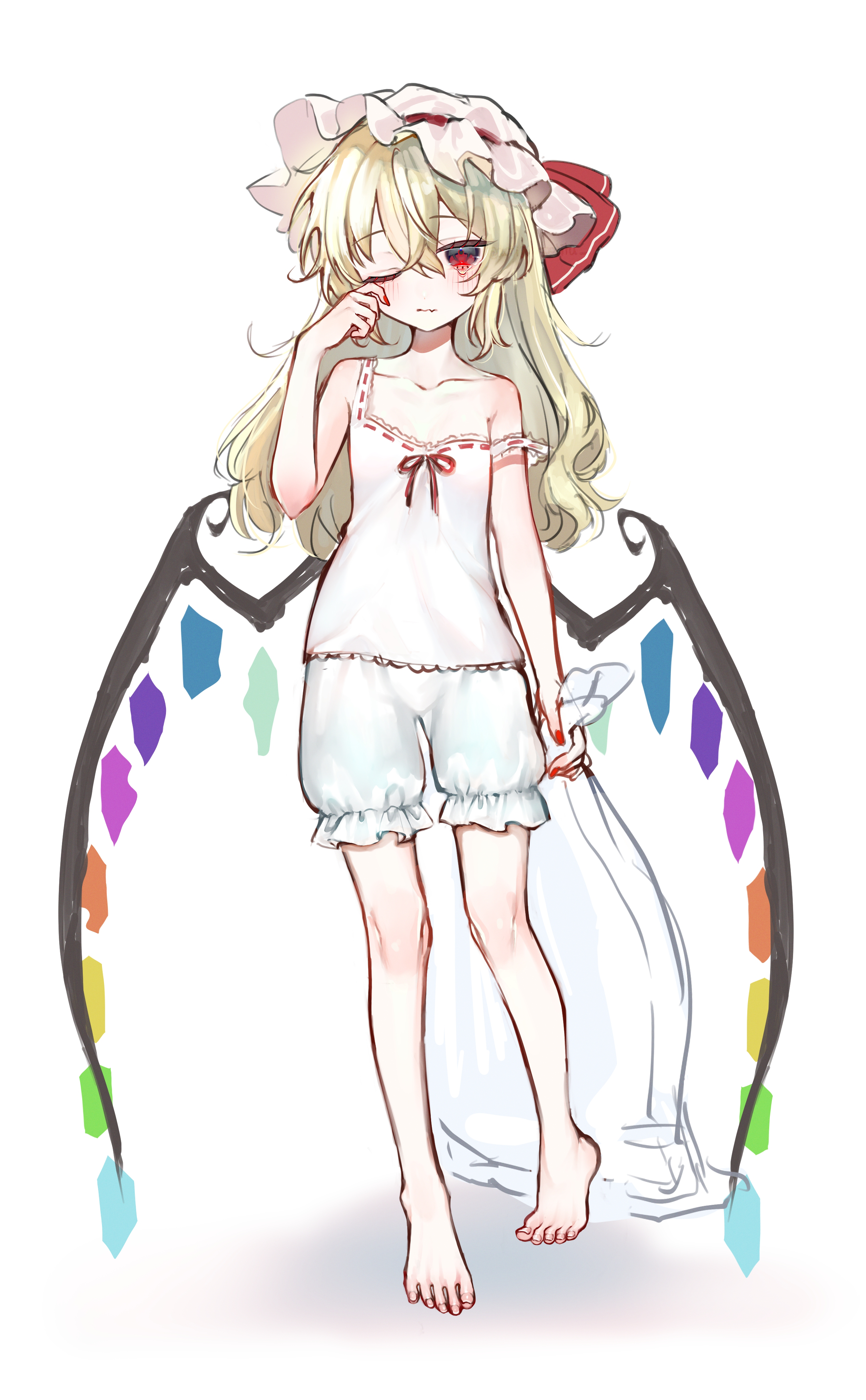 aorin oekaki, flandre scarlet, touhou, absurdres, commentary request, highres, 1girl, alternate costume, alternate hair length, alternate hairstyle, bare arms, bare legs, bare shoulders, barefoot, blonde hair, bloomers, camisole, closed mouth, collarbone, crystal, crystal wings, fang, fang out, flat chest, full body, hair between eyes, hat, long hair, loose hair strand, mob cap, multicolored wings, one eye closed, red eyes, red nails, red ribbon, ribbon, ribbon-trimmed headwear, ribbon-trimmed underwear, ribbon trim, simple background, skin fang, sleepy, solo, standing, undershirt, underwear, white background, white bloomers, white camisole, white hat, wings