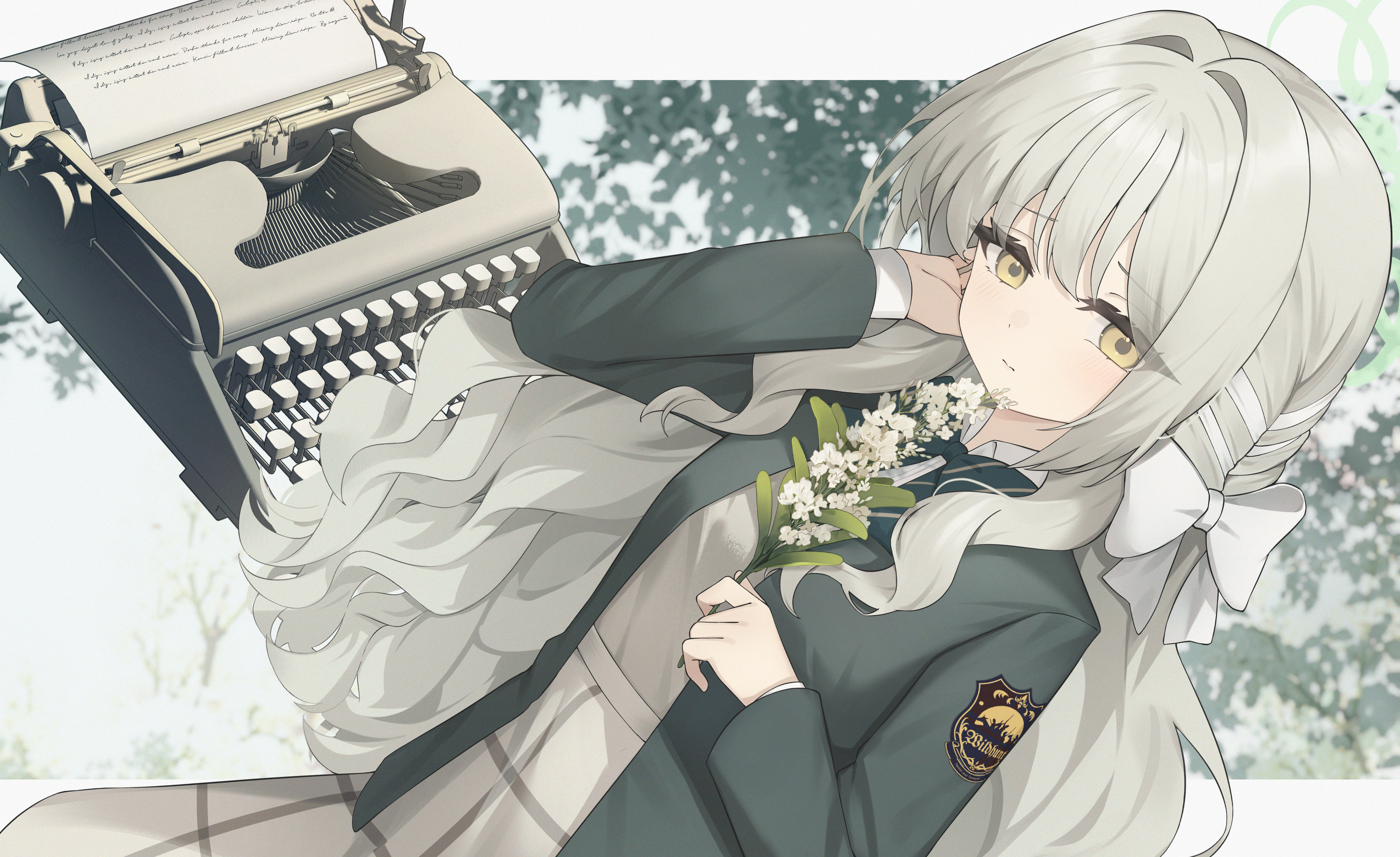 ciza gomi, miyo (blue archive), blue archive, absurdres, commentary request, highres, 1girl, black bow, black bowtie, blazer, bow, bowtie, braid, closed mouth, collared shirt, dress shirt, flower, green halo, green jacket, grey hair, grey skirt, hair between eyes, hair bow, hair intakes, hair ribbon, halo, holding, holding flower, jacket, long hair, looking at viewer, multicolored hair, ribbon, ribbon braid, school uniform, shirt, skirt, sweat, typewriter, very long hair, wavy hair, white bow, white hair, white ribbon, white shirt, yellow eyes