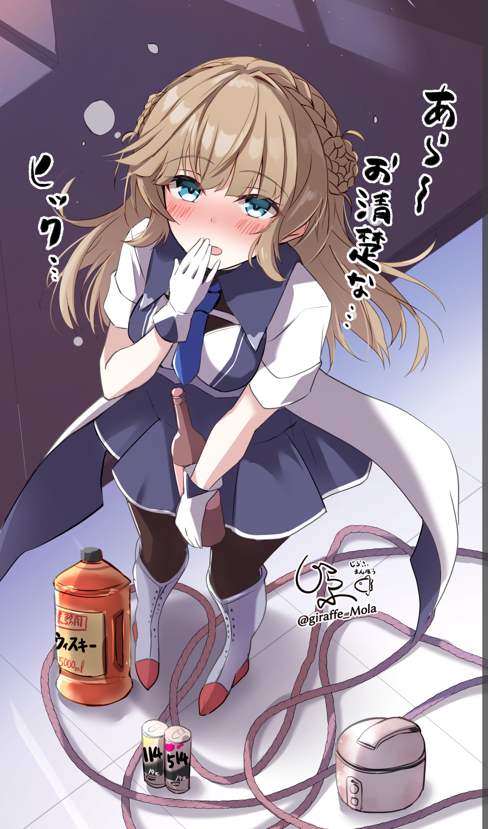 giraffe (ilconte), ranger (kancolle), kantai collection, strong zero, commentary request, highres, translation request, 1girl, alcohol, black pantyhose, blue dress, blue eyes, blue necktie, blush, boots, bottle, braid, braided bun, brown hair, crown braid, double bun, dress, drunk, foreshortening, from above, full body, gloves, grey boots, hair bun, hand up, holding, holding bottle, necktie, nose blush, open mouth, pantyhose, rice cooker, rope, signature, solo, squeans, standing, twitter username, whiskey, white boots, white gloves, wine bottle