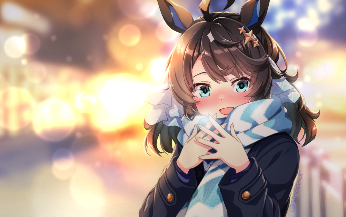 shinohara shinome, daring tact (umamusume), umamusume, commentary request, 1girl, ahoge, animal ears, bag, black hair, blue eyes, blush, closed mouth, hair between eyes, hair ornament, horse ears, horse tail, looking at viewer, pleated skirt, portrait, scarf, school uniform, skirt, solo, tail, thighhighs, tracen school uniform, tracen winter coat, winter uniform