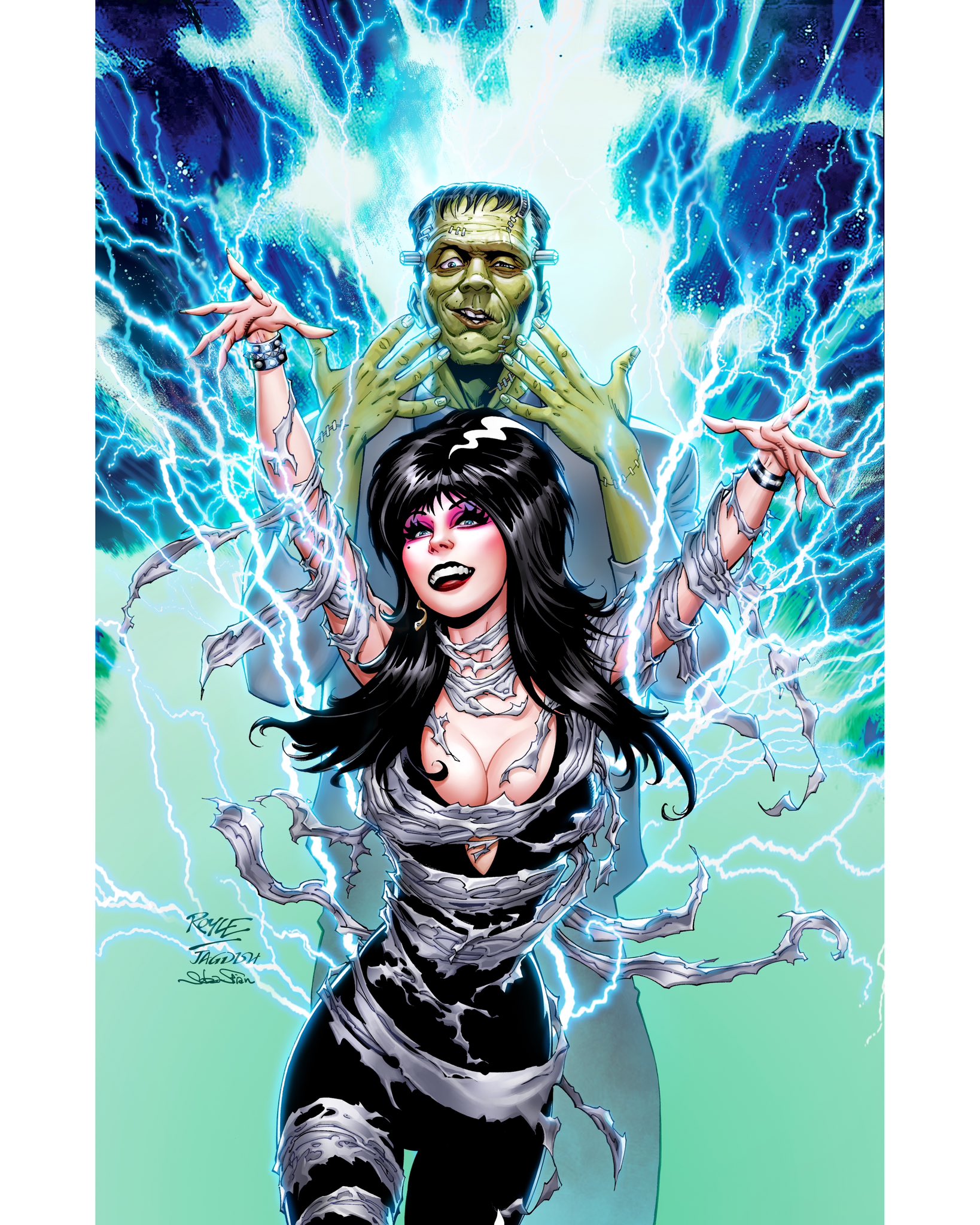 jagdish kumar, john royle, elvira (elvira: mistress of the dark), frankenstein's monster, elvira: mistress of the dark, artist collaboration, comic cover, highres, official art, textless version, 1boy, 1girl, artist name, black bodysuit, black hair, blue eyes, bodysuit, breasts, cleavage, colored skin, eyeshadow, green skin, halloween, long hair, makeup, medium breasts, pillarboxed, pink eyeshadow, sebastian cheng, sleeveless, sleeveless bodysuit