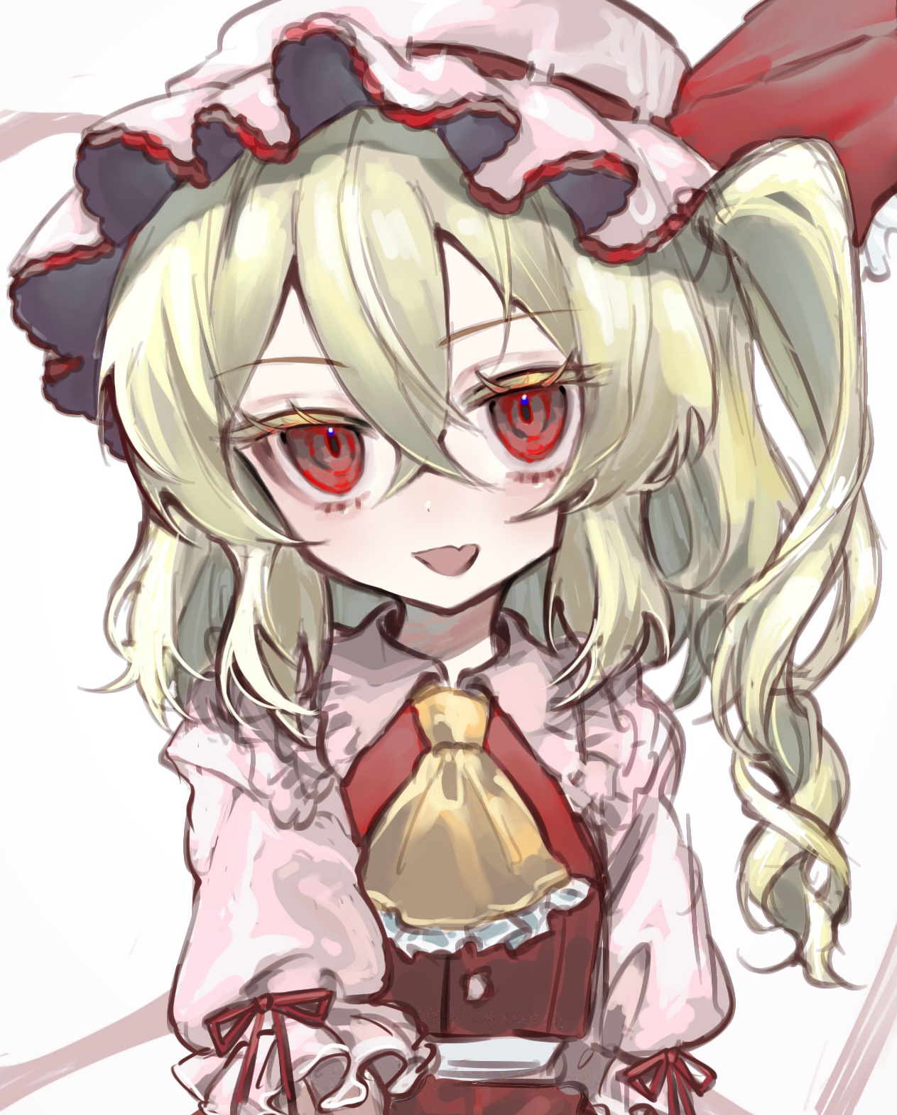 aorin oekaki, flandre scarlet, touhou, commentary request, highres, 1girl, ascot, blonde hair, collared shirt, frilled shirt collar, frills, hat, long sleeves, looking at viewer, mob cap, one side up, open mouth, red eyes, red ribbon, red vest, ribbon, shirt, simple background, sleeve ribbon, smile, solo, vest, white background, white hat, white shirt, yellow ascot