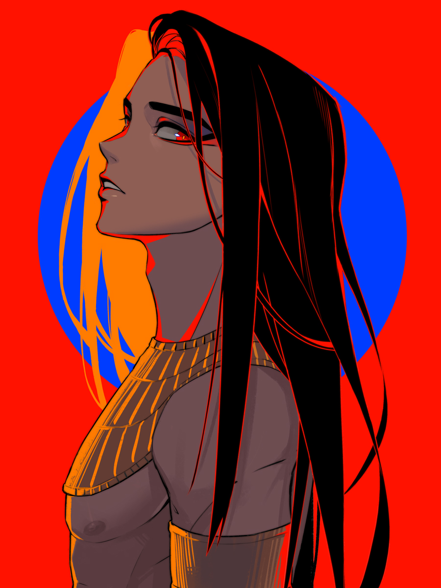 sanri33, seth (ennead), ennead, commentary, highres, 1boy, androgynous, armlet, bare pectorals, bare shoulders, black hair, jewelry, long hair, male focus, nipples, parted lips, pectorals, profile, red background, red eyes, solo, upper body, usekh collar