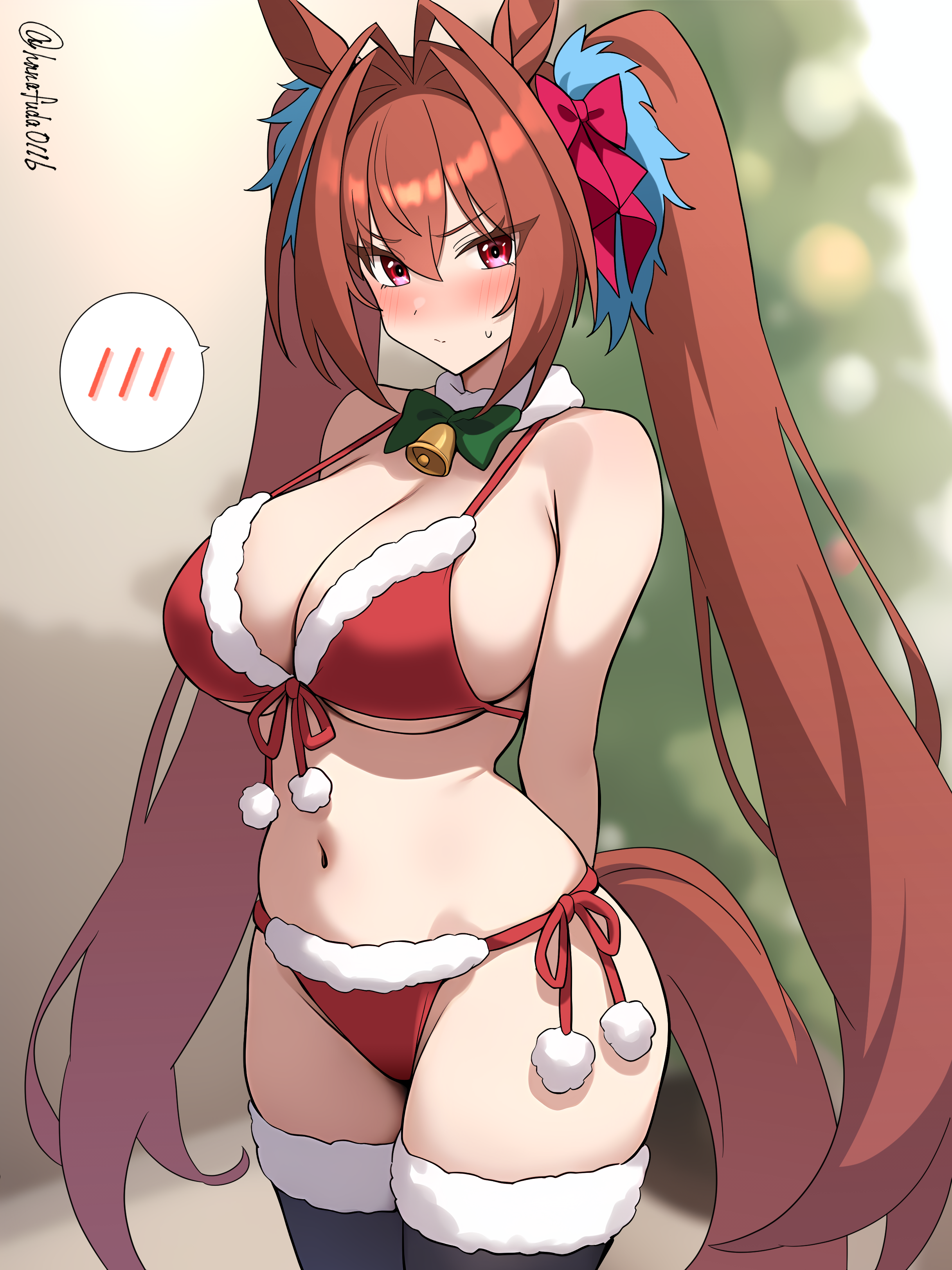 hanafuda (hanafuda0116), daiwa scarlet (umamusume), umamusume, absurdres, commentary request, highres, 1girl, alternate costume, animal ears, arms behind back, bikini, black thighhighs, breasts, christmas, horse ears, horse girl, horse tail, large breasts, long hair, looking at viewer, navel, pink eyes, red bikini, red hair, santa bikini, santa costume, side-tie bikini bottom, solo, spoken blush, standing, swimsuit, tail, thighhighs, twintails, twitter username, very long hair