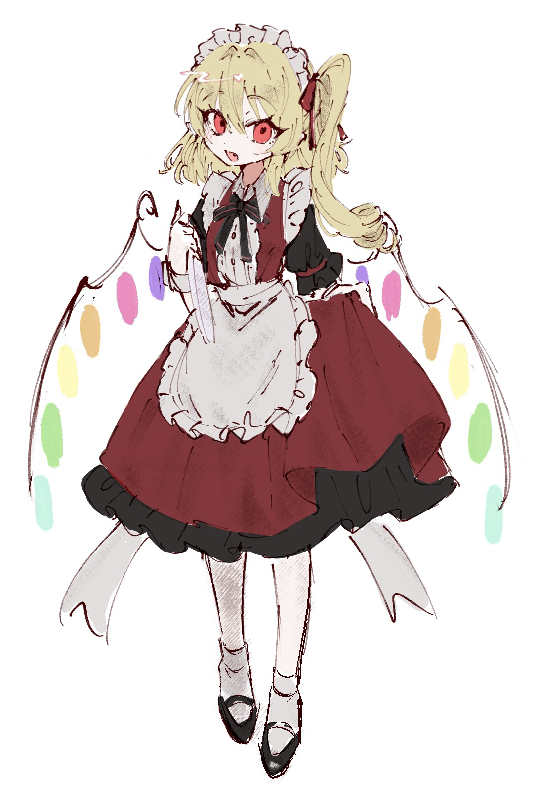 aorin oekaki, flandre scarlet, touhou, commentary request, highres, 1girl, alternate costume, apron, black shoes, blonde hair, dress, enmaided, fang, full body, hat, looking at viewer, maid, maid headdress, mary janes, mob cap, multicolored wings, one side up, open mouth, red dress, red eyes, shoes, skirt hold, smile, socks, solo, waist apron, white apron, white socks, wings, wrist cuffs