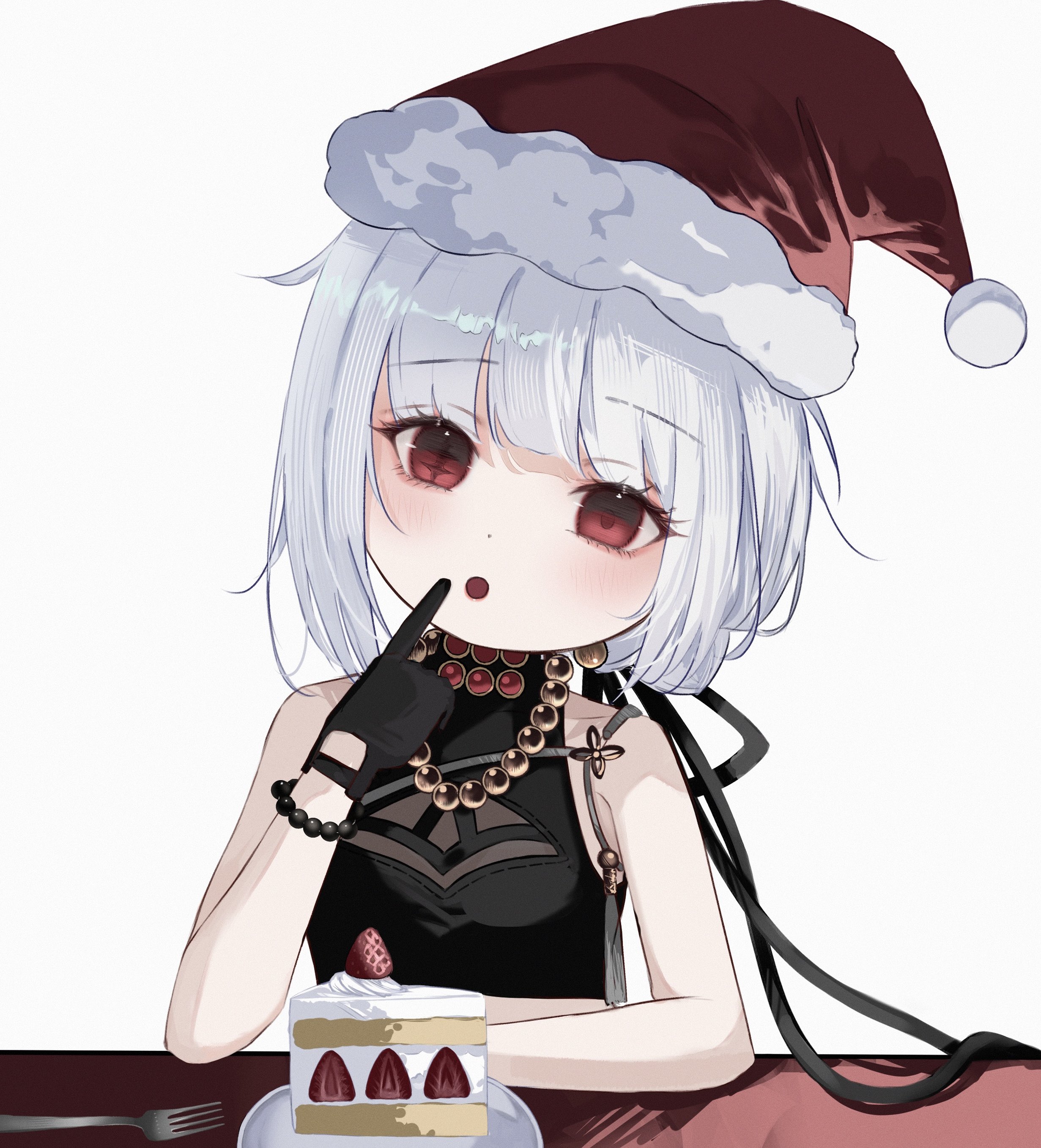 celly (mogmog 99), sanhua (wuthering waves), wuthering waves, absurdres, commentary, commentary request, english commentary, highres, mixed-language commentary, 1girl, bare shoulders, bead necklace, beads, black gloves, black shirt, breasts, cake, cake slice, food, gloves, grey hair, hand up, hat, jewelry, looking at viewer, medium breasts, medium hair, necklace, open mouth, red eyes, santa hat, shirt, sleeveless, sleeveless shirt, solo