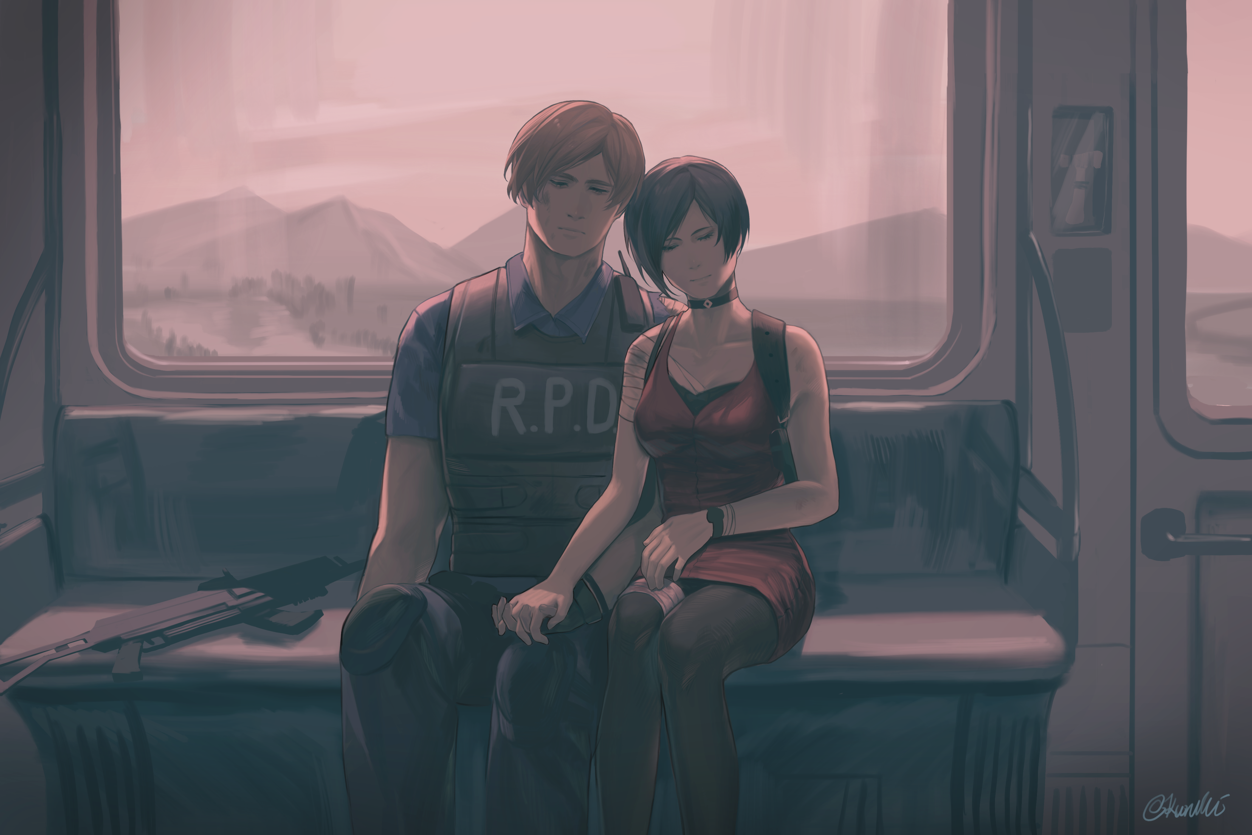 kurumi031212, ada wong, leon s. kennedy, resident evil, resident evil 2, absurdres, highres, 1boy, 1girl, assault rifle, bandaged leg, bandages, bare arms, black choker, black hair, black pants, black pantyhose, blonde hair, blue shirt, breasts, bulletproof vest, choker, closed eyes, collared shirt, dress, gun, holding hands, knee pads, medium breasts, pants, pantyhose, red dress, rifle, shirt, short hair, short sleeves, sitting, sleeping, sleeveless, sleeveless dress, swept bangs, train interior, watch, weapon, window, wristwatch