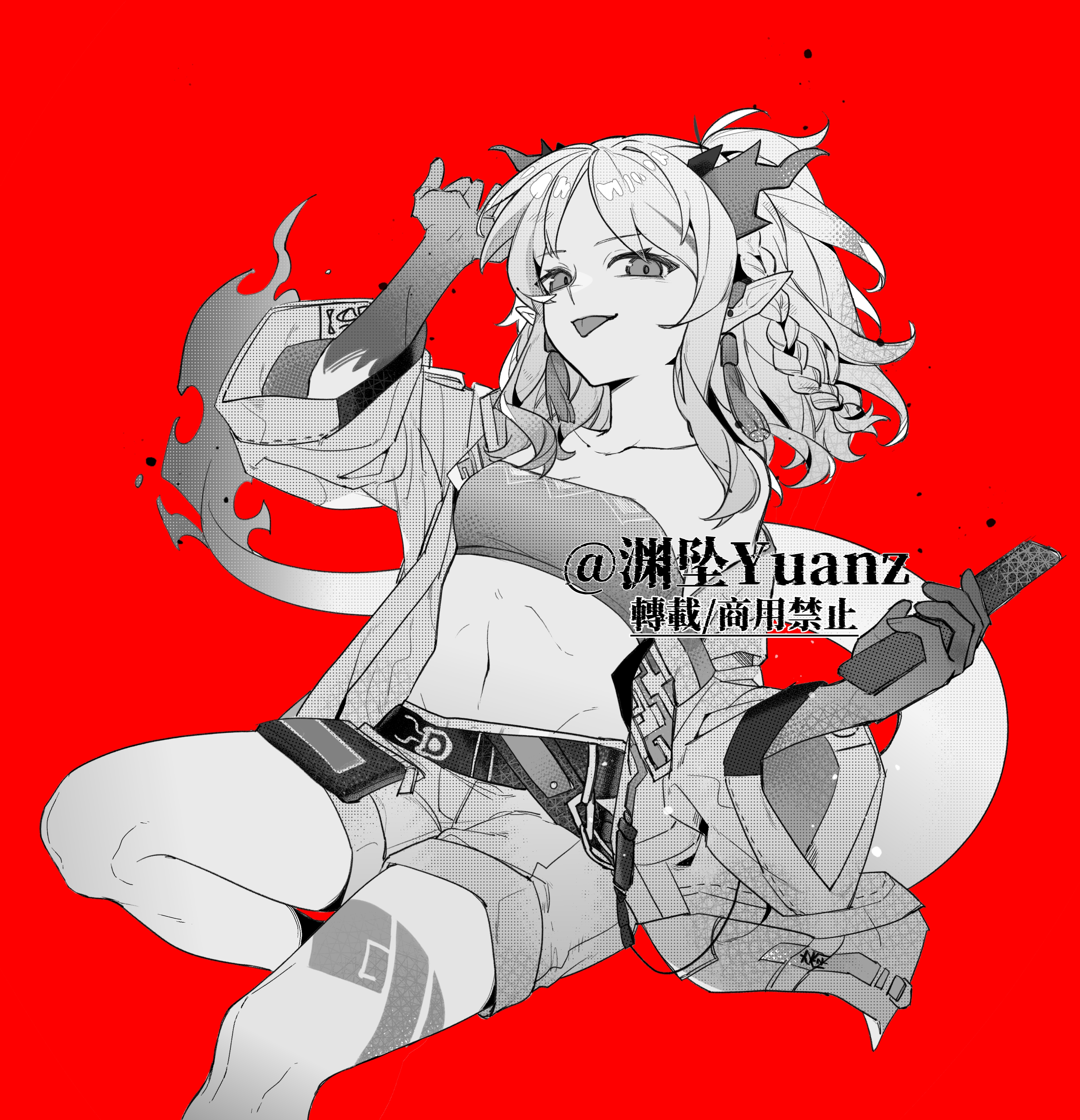 yuan zhui (yuanz), nian (arknights), arknights, absurdres, chinese commentary, commentary request, highres, 1girl, :p, bandeau, bare shoulders, braid, collarbone, crop top, dragon girl, dragon horns, dragon tail, earrings, foot out of frame, greyscale with colored background, holding, horns, jewelry, looking at viewer, medium hair, navel, off shoulder, pointy ears, red background, shorts, simple background, solo, strapless, tail, tassel, tassel earrings, tongue, tongue out, watermark