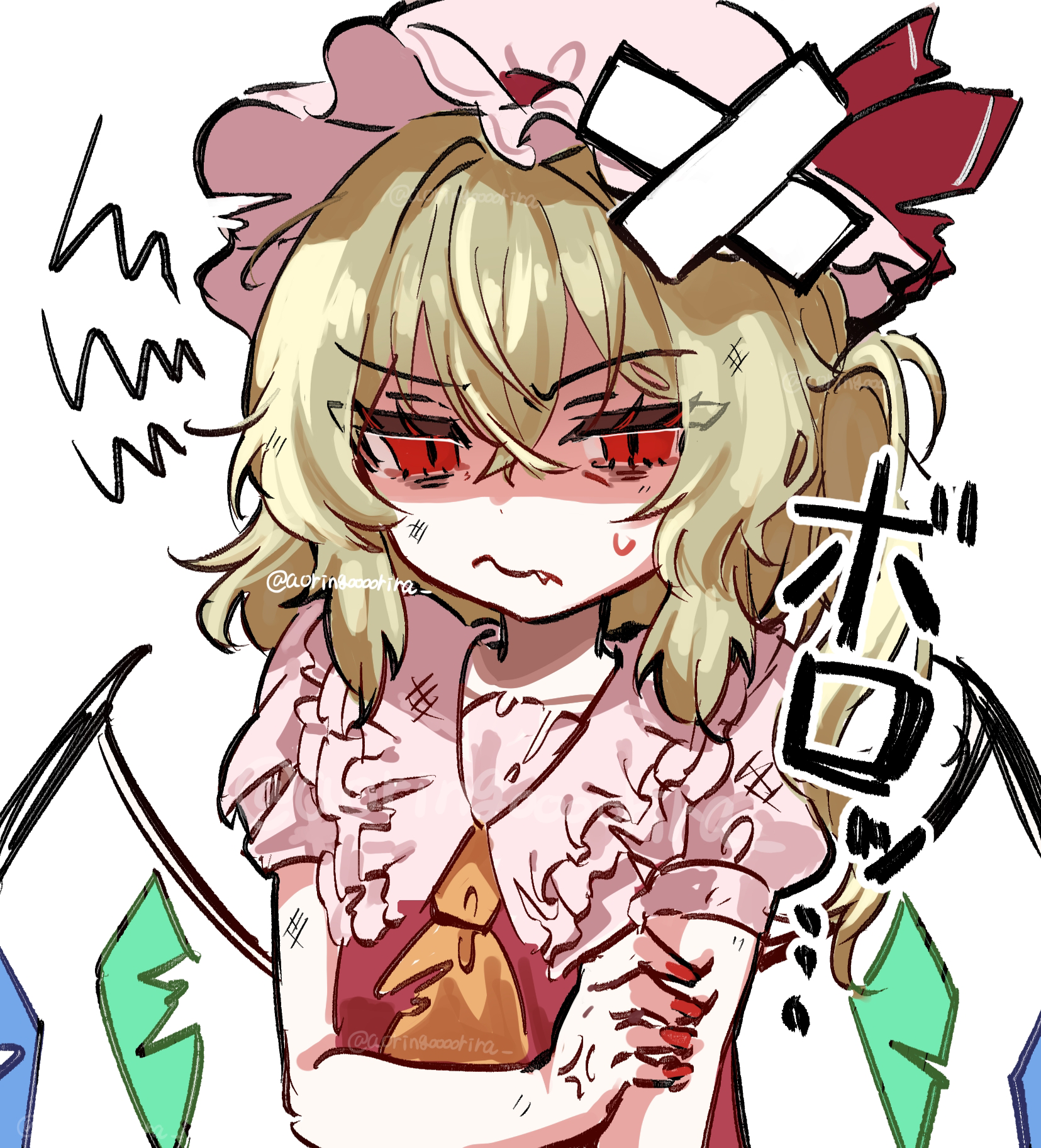 aorin oekaki, flandre scarlet, touhou, commentary request, highres, translation request, 1girl, anger vein, ascot, blonde hair, closed mouth, collared shirt, crossed bandaids, crystal, crystal wings, defeat, fang, fang out, frilled shirt collar, frills, hat, looking at viewer, mob cap, multicolored wings, one side up, red eyes, red nails, red vest, shaded face, shirt, simple background, solo, sweatdrop, twitter username, vest, white background, white hat, white shirt, wings, yellow ascot