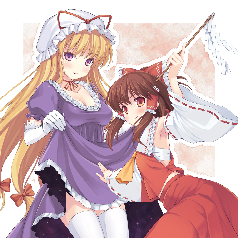 nullken, hakurei reimu, yakumo yukari, touhou, 2girls, armpits, blonde hair, bow, brown hair, clothes lift, detached sleeves, dress, dress lift, female focus, hair bow, hat, japanese clothes, long hair, miko, multiple girls, purple eyes, red eyes, smile, thighhighs