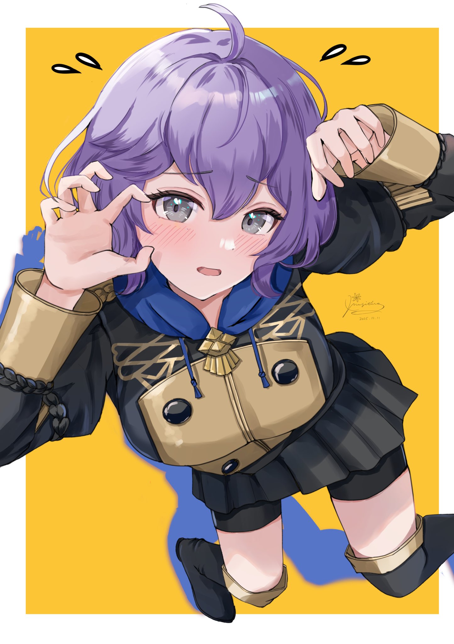 mugitoro (dsfv2277), bernadetta von varley, fire emblem, fire emblem: three houses, nintendo, highres, 1girl, bike shorts, bike shorts under skirt, black skirt, breasts, female focus, garreg mach monastery uniform, grey eyes, hair between eyes, looking at viewer, looking up, pleated skirt, purple hair, school uniform, shorts, shorts under skirt, skirt, solo