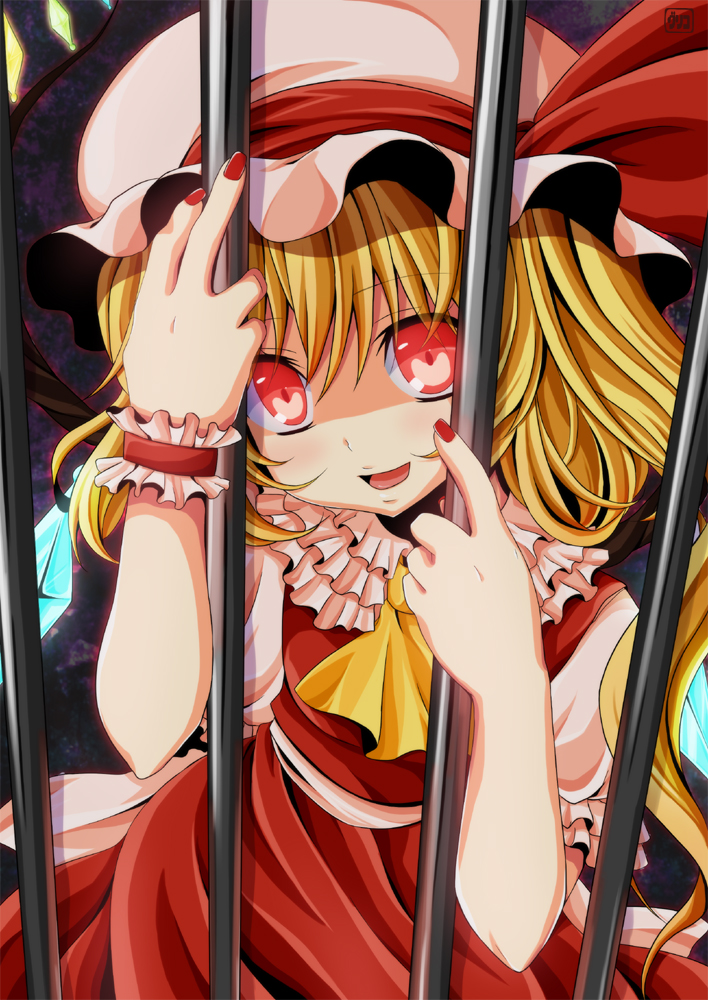 pengin guriko, flandre scarlet, embodiment of scarlet devil, touhou, bars, 1girl, blonde hair, female focus, hat, nail polish, red eyes, red nails, solo, wrist cuffs