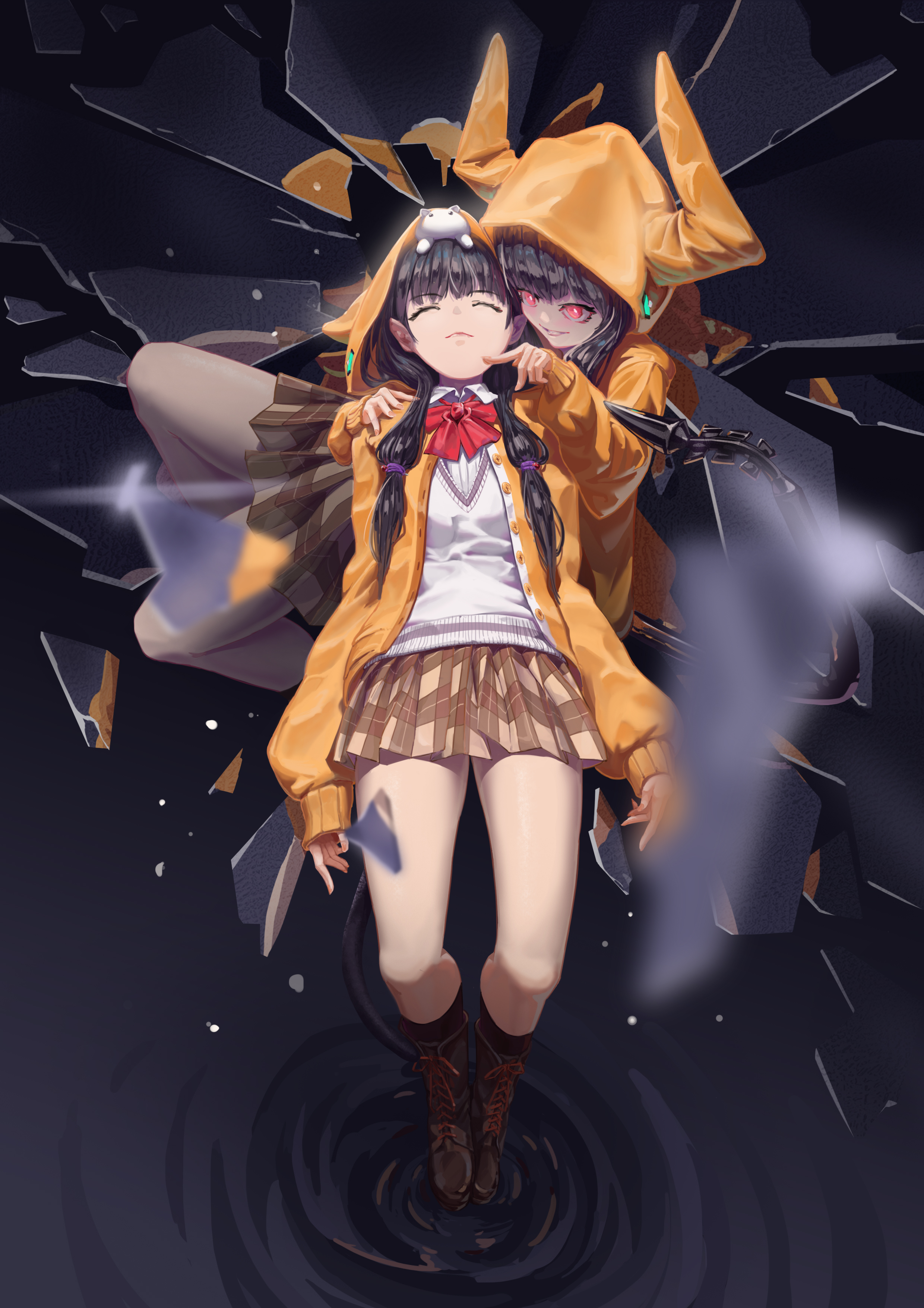 tinamou, asakura karen (heaven burns red), heaven burns red, absurdres, commentary request, highres, 1girl, animal hood, black hair, boots, bow, bowtie, broken glass, brown skirt, cat, cheek poking, closed eyes, collared shirt, crack, cracked glass, different reflection, dual persona, evil smile, full body, glass, glass shards, glowing, glowing eyes, hand on another's shoulder, hood, hood up, hooded jacket, hoodie, horns, jacket, knife, long hair, long sleeves, low twintails, mechanical tail, on head, open clothes, open hoodie, orange hoodie, orange jacket, plaid clothes, plaid skirt, pleated skirt, poking, red bow, red bowtie, red eyes, reflection, ripples, school uniform, shirt, skirt, smile, socks, sweater vest, tail, twintails, white cat, white shirt, yellow jacket