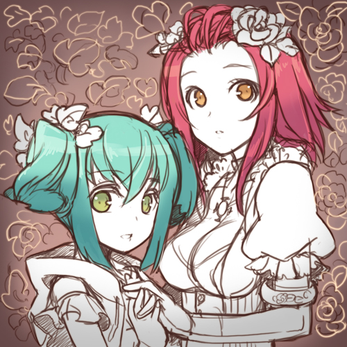halogen (canal00), izayoi aki, luca (yu-gi-oh!), yu-gi-oh!, yu-gi-oh! 5d's, bad id, bad pixiv id, lowres, 00s, 2girls, green eyes, green hair, hair ornament, holding hands, multiple girls, red hair, short hair, sketch, twintails, yellow eyes