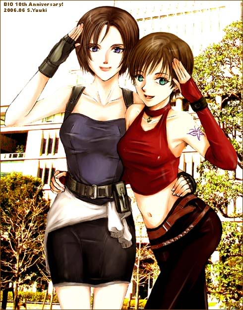 jill valentine, rebecca chambers, capcom, resident evil, resident evil 0, resident evil 3: nemesis, 2girls, alternate costume, blue eyes, brown hair, choker, fingerless gloves, gloves, green eyes, multiple girls, pants, pencil skirt, salute, short hair, skirt, smile, tattoo