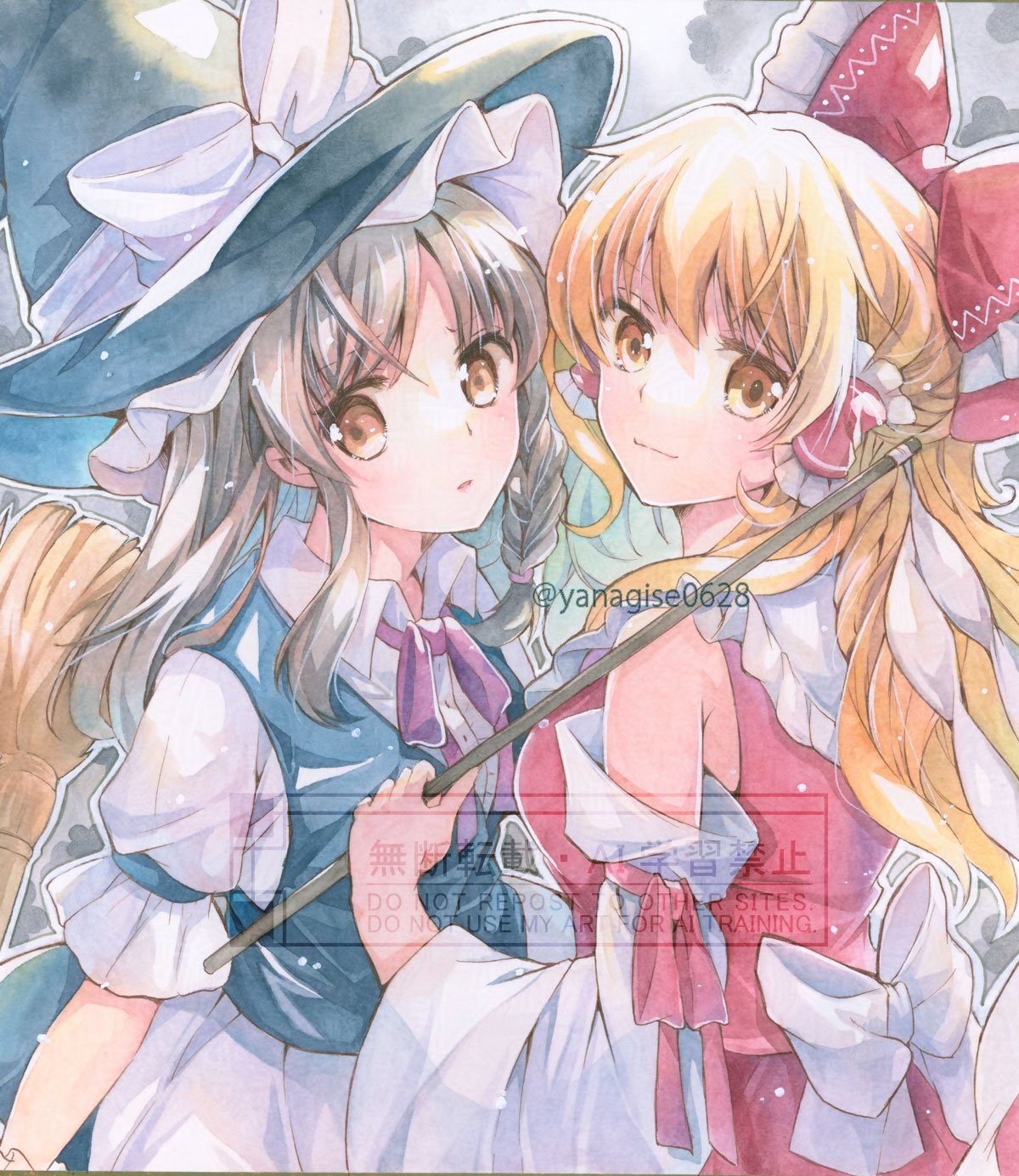 yanagise, hakurei reimu, kirisame marisa, touhou, commentary request, highres, traditional media, 2girls, alternate costume, alternate hairstyle, apron, back bow, black hat, black skirt, black vest, blonde hair, bow, braid, brown eyes, brown hair, closed mouth, cosplay, costume switch, detached sleeves, frilled bow, frilled hair tubes, frills, gohei, hair bow, hair tubes, hakurei reimu (cosplay), hat, holding, holding gohei, kirisame marisa (cosplay), long hair, looking at viewer, multiple girls, open mouth, red bow, red skirt, side braid, single braid, skirt, skirt set, twitter username, vest, waist apron, watermark, white apron, white bow, witch hat, yellow eyes