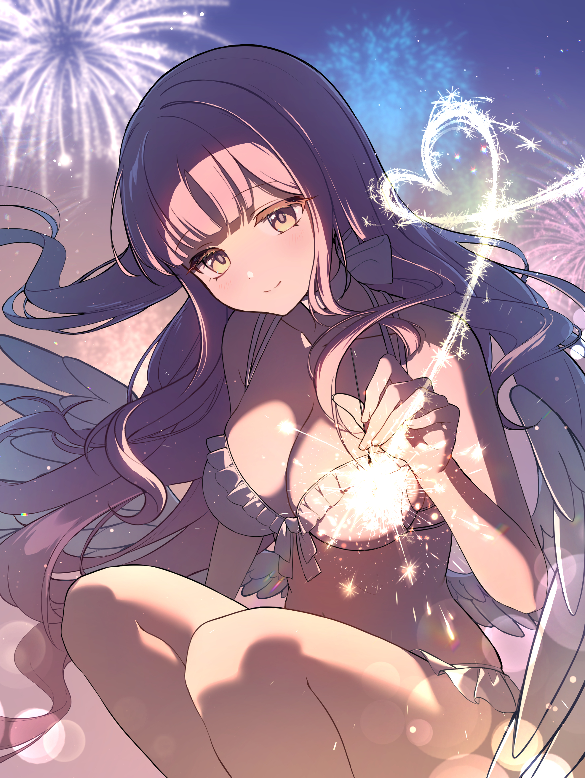 ssong990, mika (blue archive), mika (swimsuit) (blue archive), blue archive, absurdres, commentary, highres, 1girl, aerial fireworks, angel wings, bare arms, bare shoulders, bikini, breasts, choker, cleavage, closed mouth, feathered wings, fireworks, frilled bikini, frills, hand up, holding, holding fireworks, large breasts, long hair, looking at viewer, low wings, official alternate costume, official alternate hairstyle, pink hair, senkou hanabi, smile, solo, sparkler, squatting, stomach, swimsuit, white bikini, white choker, white wings, wings, yellow eyes