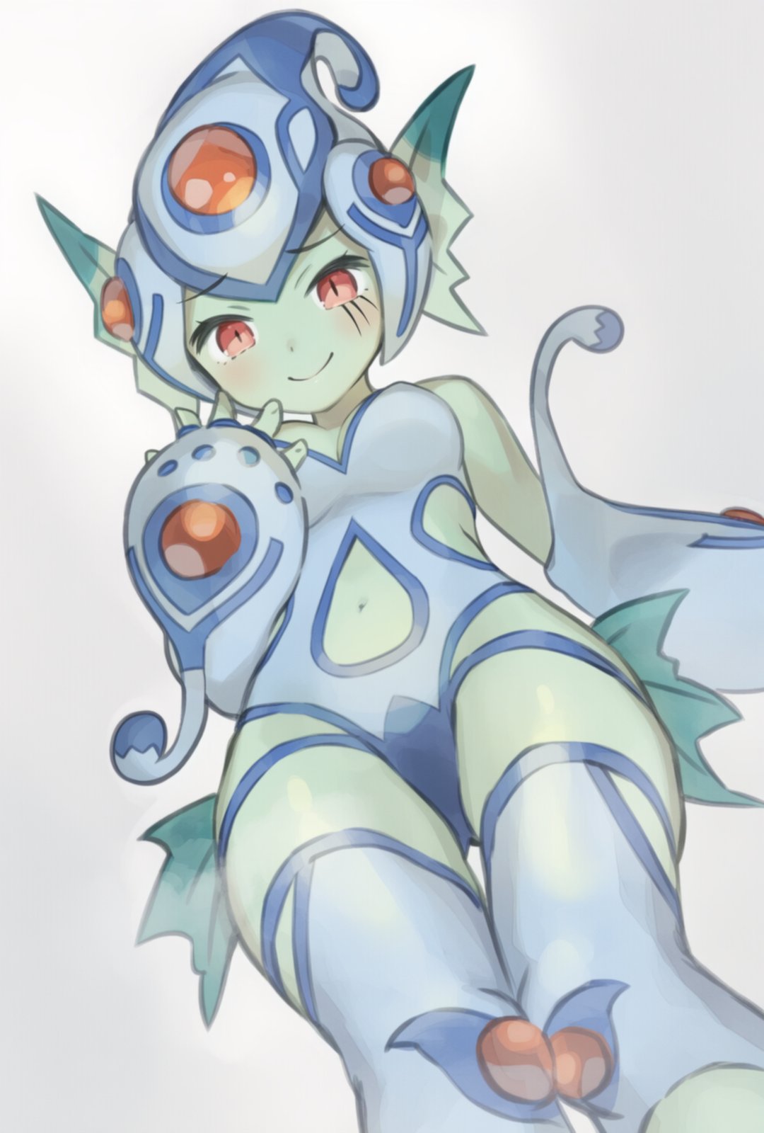 ranamon, digimon, commentary request, highres, 0ldd0r0thy, 1girl, bare shoulders, blue gloves, blue helmet, blue leggings, blue leotard, blue one-piece swimsuit, blue thighhighs, breasts, cleavage, clothing cutout, colored skin, detached leggings, digimon (creature), digimon focus, feet out of frame, fins, fish girl, forehead jewel, frog girl, from below, full body, furrowed brow, gem, gloves, green skin, hand to own mouth, hand up, head fins, helmet, leggings, leotard, looking at viewer, looking down, marking on cheek, medium breasts, monster girl, navel, navel cutout, one-piece swimsuit, red eyes, red gemstone, side cutout, slit pupils, smile, smug, solo, standing, stomach cutout, strapless, strapless leotard, swimsuit, thighhighs